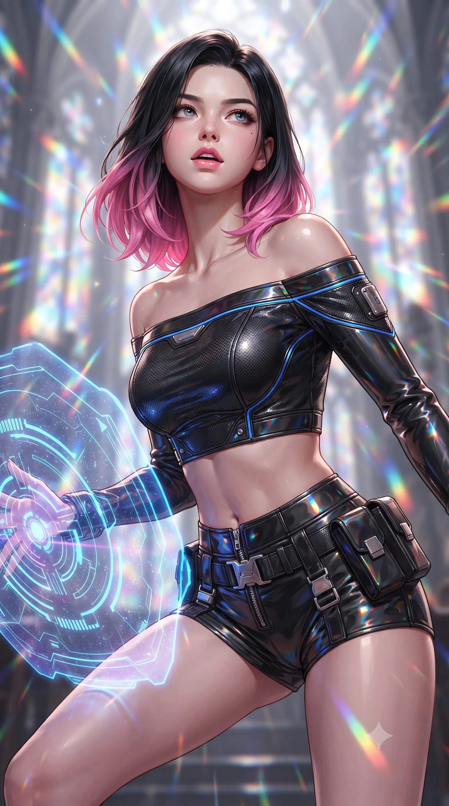 score_9, masterpiece, best quality, ultra-detailed, high-budget anime keyframe, editorial fashion photography, tasteful artistic composition, Korean woman. close-up cowboy shot from the waist and thighs up, the character dominates the composition, filling the frame with her large presence, background elements kept in soft focus. crouching slightly behind a glowing holographic shield emitter, looking up with defiance and lips slightly parted, the background shows a soft-focus a cathedral made of stilled light waves, frozen in time and space. She has an exceptionally elegant, slender, and willowy female figure with an ultra-slim waist, a gracefully sculpted slender torso, and a refined silhouette. sharp v-shaped jawline, high-bridge nose, intricate jewel-like eyes with depth, thick eyelashes, glossy lips with a natural sheen. wearing a body-hugging chic off-shoulder carbon-plate crop top, paired with high-waisted utility micro-shorts. dazzling rainbow prismatic light refracting through stilled light crystals. ultra-reflective glossy finish, specular highlights, metallic sheen, high-contrast stereoscopic depth, volumetric dynamic lighting, 2k, ultra detail, master piece, 9:16 ratio