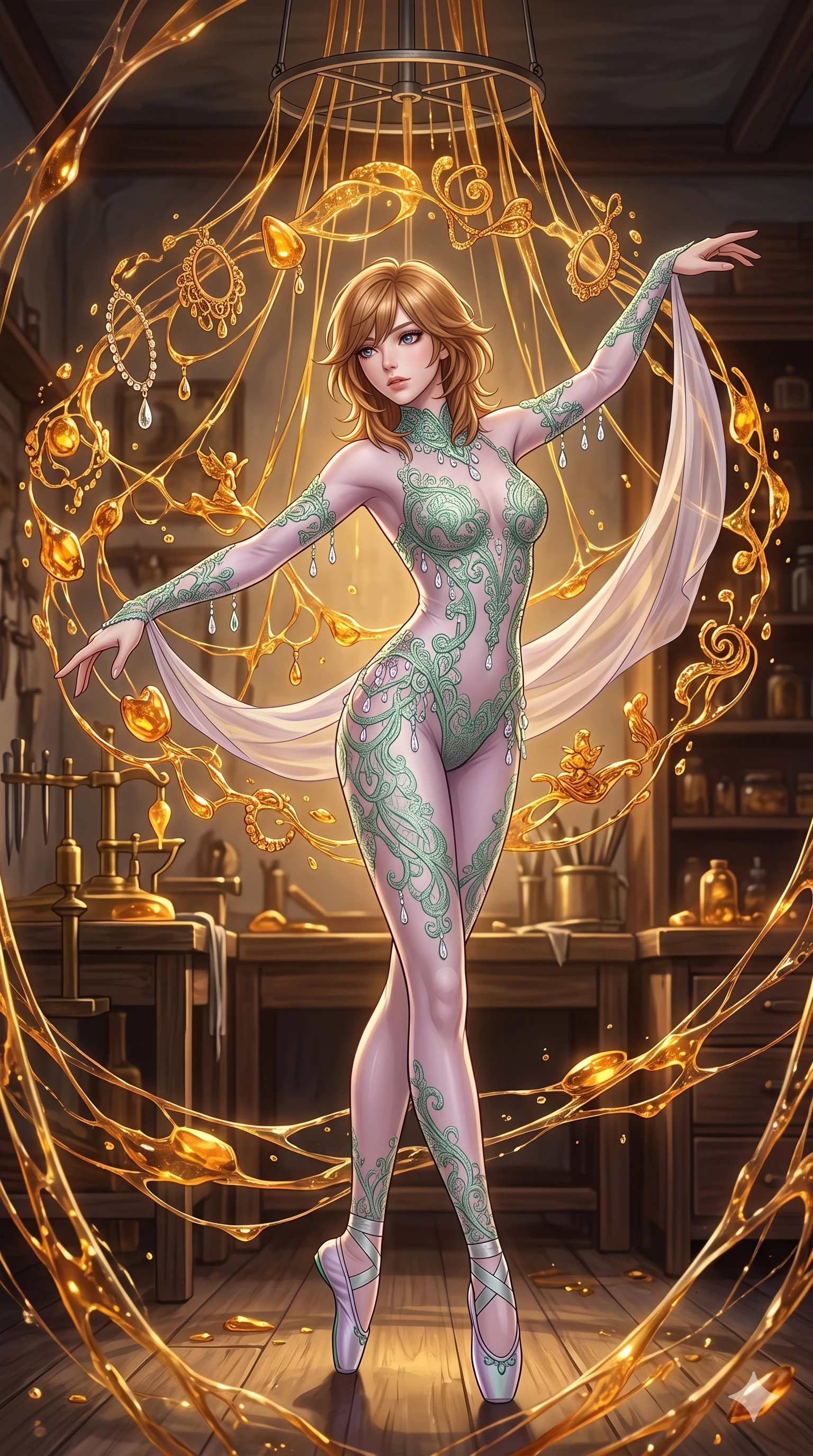 score_9, masterpiece, best quality, ultra-detailed, high-budget anime keyframe, editorial fashion photography, tasteful artistic composition, Korean woman. low angle full-body shot from head to toe showing her feet, filling the entire 9:16 vertical frame with her statuesque presence, stretching her vertical silhouette. twirling with balletic elegance inside an artisan workshop where liquid amber is shaped mid-air by invisible hands into intricate jewelry and miniature sculptures each piece trapping golden light within its translucent honey-colored form. She has a statuesque 8.5-heads proportion, an exceptionally tall, slender and willowy model-like build with impossibly long legs and a highly sculpted ultra-slim waist. sharp v-shaped jawline, high-bridge nose, intricate jewel-like eyes with depth, thick eyelashes, glossy lips with a natural sheen. wearing a gossamer bodysuit in a pale lavender tone, with elaborate jade-green lace patterning and crystal drop embellishments. rich warm amber light emanating from the molten material itself with golden honey-toned illumination filling the workshop and catching on brass tools and wooden surfaces. 2k, ultra detail, master piece, 9:16 ratio