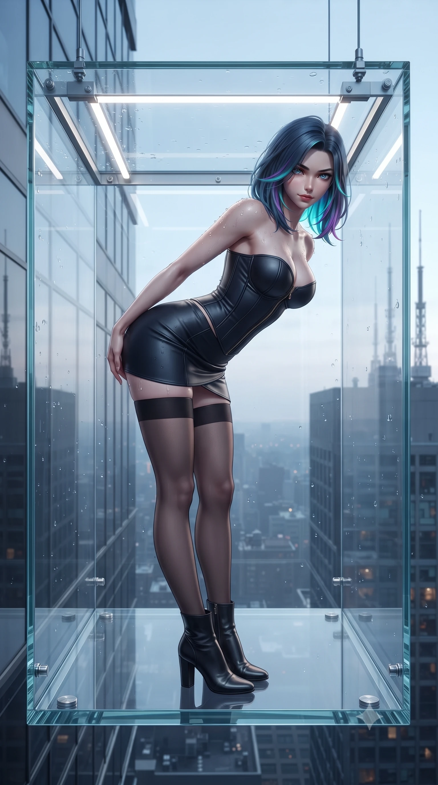score_9, masterpiece, best quality, ultra-detailed, high-budget anime keyframe, editorial fashion photography, tasteful artistic composition, Caucasian woman. close-up cowboy shot from the waist and thighs up, the character dominates the composition, filling the frame with her large presence. leaning forward while arching her lower back to accentuate her curvy hips, looking into the camera with an intoxicating smoldering gaze and bedroom-eyes while standing centered in the fully transparent glass swimming cube suspended outside the skyscraper, arching her back with breathtaking daring. The surrounding environment is rendered in vivid detail and crisp panoramic clarity: sharp transparent structural glass bevels, acrylic panel optical clarity, and distant skyscraper rooftop antennas in deep focus. She has an exceptionally elegant, slender, and willowy female figure with an ultra-slim waist, flat toned midriff, narrow ribcage, and sculpted feminine hips creating an alluring, slim hourglass silhouette without bulk. sharp v-shaped jawline, high-bridge nose, sparkling eyes with hypnotic seductive depth, thick curled eyelashes, glossy parted lips with a natural dewy peach sheen, alluring bedroom-eyes with an enchanting coquettish smile, exuding magnetic siren charisma and sophisticated glamour, flawlessly proportioned anatomical accuracy, strict slender model proportions, natural body alignment, perfectly sculpted long slender limbs, ultra-slim waistline, clean dynamic posture without body distortion. wearing a structured boned leatherette corset bodice paired with an ultra-short micro-wrap mini skirt and sheer thigh-high stockings in midnight obsidian black and liquid champagne gold, tailored from fine structural neoprene with crisp architectural edges and smooth contouring, finished with glistening drops of pool water beading across her sculpted shoulders and collarbones, the liquid-tight tailored fabric clinging flawlessly to her narrow waist and rounded feminine hips, emphasizing every millimeter of her sculpted slim hourglass curves without any bulky heaviness. illuminated by glass cube internal reflections and sharp platinum rim lights defining her razor-sharp jawline, narrow waist, and voluptuous hip curves. ultra-reflective glossy finish, specular highlights, rich textural contrasts, high-contrast stereoscopic depth, volumetric dynamic lighting, 2k, ultra detail, master piece, 9:16 ratio