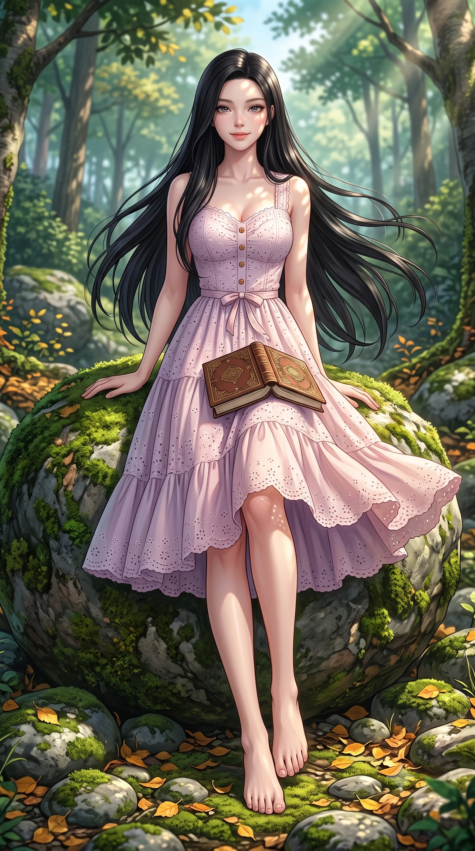 score_9, masterpiece, best quality, ultra-detailed, high-budget anime keyframe, semi-realistic 3D game render, editorial fashion photography, tasteful artistic composition, Korean woman. low angle full-body shot from head to toe showing her feet, filling the entire 9:16 vertical frame with her statuesque presence, stretching her vertical silhouette. performing a cheerful mid-motion turn with effortless poise, her skirt fluttering softly as she smiles into the camera while leaning against a mossy forest boulder with a book in her lap, looking up with a gentle, enchanting expression. The surrounding environment is rendered in vivid detail and crisp panoramic clarity. mossy river stones, fallen autumn-gold birch leaves, and panoramic forest glades rendered in crisp clarity. She has an absolutely perfect, statuesque 8.5-heads proportion, an exceptionally tall and slender model-like female figure with impossibly long slender legs, a toned flat midriff, and an ultra-slim waist. sharp v-shaped jawline, high-bridge nose, intricate jewel-like eyes with depth, thick eyelashes, glossy lips with a natural sheen, pure and lovely fresh girlhood expression, flawlessly proportioned anatomical accuracy, strict slender model proportions, natural body alignment, perfectly sculpted long slender limbs, ultra-slim waistline, clean dynamic posture without body distortion. wearing an airy eyelet lace cotton midi dress with a sweetheart neckline and wooden front buttons in subtle lilac violet and soft rose gold, made of fine lightweight chiffon with a soft fluid drape, accented with a dainty ribbon bow at the waistline, the breezy lightweight fabric fluttering softly against her delicate collarbones, narrow waist, and feminine curves. illuminated by soft natural dappled forest light creating playful sun patterns across her face and dress. highly saturated vibrant anime colors, detailed shading with soft gradients, rich glossy textures, high-contrast stereoscopic depth, volumetric dynamic lighting, master piece, 9:16 ratio