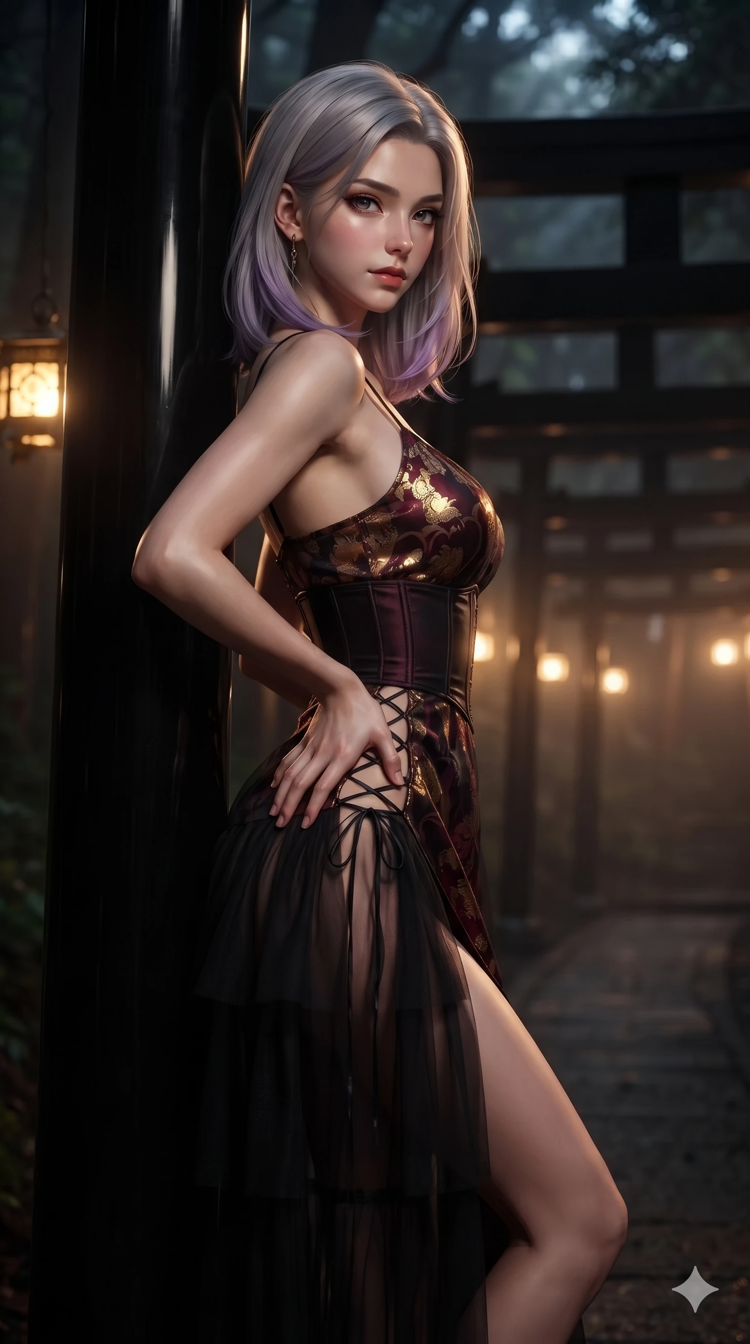 score_9, masterpiece, best quality, ultra-detailed, high-budget anime keyframe, editorial fashion photography, tasteful artistic composition, Caucasian woman. close-up cowboy shot from the waist and thighs up, the character dominates the composition, filling the frame with her large presence. holding a confident power pose with one hand on her hip, looking into the lens with smoldering intensity while leaning against the polished black lacquer Torii column with hips cocked back, glancing back with an intoxicating, smoldering half-smile. The background shows a soft-focus receding lines of black lacquer Torii gates, hanging brass lanterns, and swirling mountain fog blurred into gold, amber, and pitch-black bokeh. She has an exceptionally elegant, slender, and willowy female figure with an ultra-slim waist, flat toned midriff, narrow ribcage, and sculpted feminine hips creating an alluring, slim hourglass silhouette without bulk. sharp v-shaped jawline, high-bridge nose, intricate jewel-like dark sparkling eyes with hypnotic seductive depth, thick curled eyelashes, glossy parted lips with a natural wine sheen, alluring bedroom-eyes with an enigmatic smoldering smile, exuding magnetic sovereign charisma and dark avant-garde glamour, flawlessly proportioned anatomical accuracy, strict slender model proportions, natural body alignment, perfectly sculpted long slender limbs, ultra-slim waistline, clean dynamic posture without body distortion. wearing a tiered semi-sheer black tulle and silk slip dress with an ultra-slim corseted waist and bare shoulders in deep wine burgundy and lustrous gold foil, tailored from soft dark satin with subtle light-absorbing depth, featuring fine criss-cross lace-up side ties revealing tantalizing glimpses of her hip curve, the high-slit wrap tailoring accentuating her ultra-slim waistline and the enchanting curve of her feminine hips with alluring seductive charm. bathed in warm dramatic lantern rays cutting through thick midnight mist contrasted with pitch-black forest shadows. ultra-reflective glossy finish, specular highlights, metallic sheen, high-contrast stereoscopic depth, volumetric dynamic lighting, 2k, ultra detail, master piece, 9:16 ratio