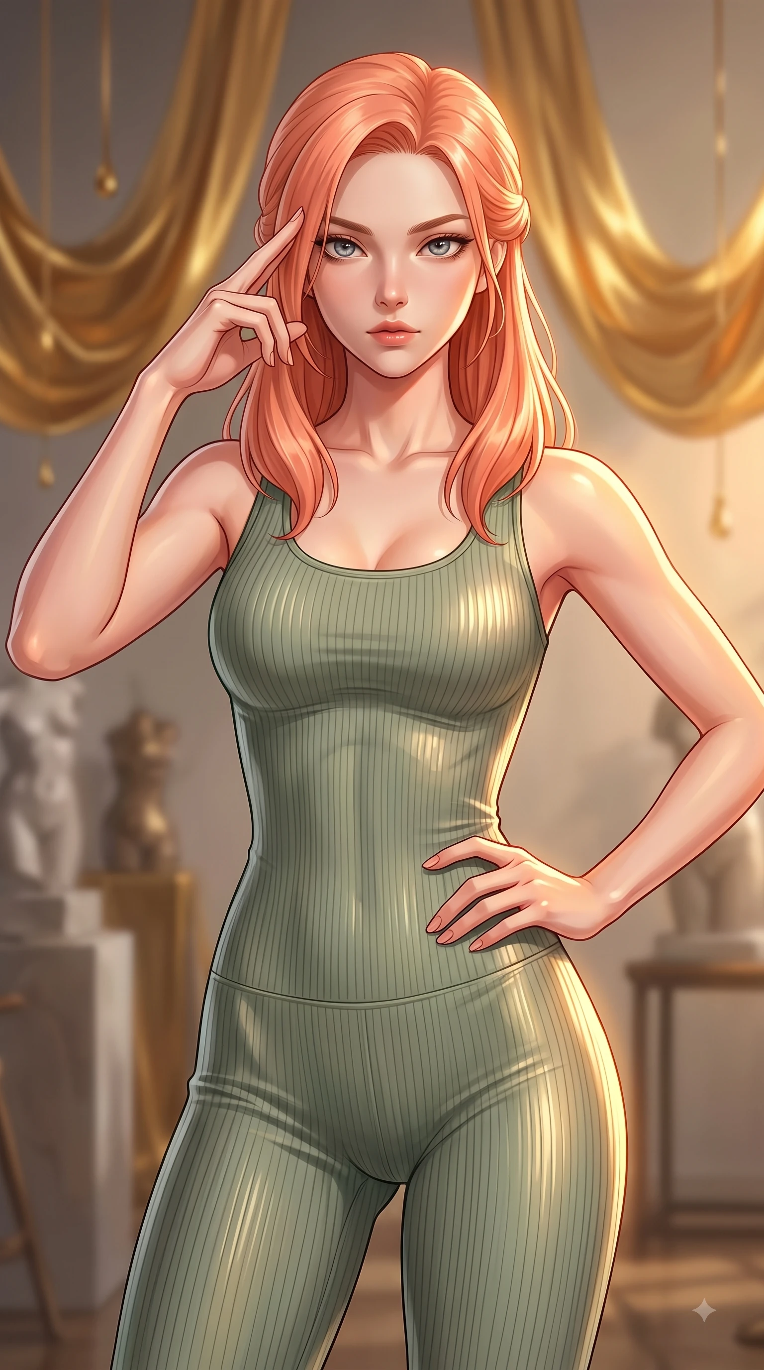 score_9, masterpiece, best quality, ultra-detailed, high-budget anime keyframe, editorial fashion photography, tasteful artistic composition, Japanese woman woman. close-up cowboy shot from the waist and thighs up, the character dominates the composition, filling the frame with her large presence, background elements kept in soft focus. She has an exceptionally elegant, slender, and willowy female figure with an ultra-slim waist, a gracefully sculpted slender torso, and a refined silhouette. pressing two fingers to her temple in a composed gesture, gazing past the camera with sharp focus, flawlessly proportioned anatomical accuracy, natural body alignment, perfectly sculpted elegant limbs, clean dynamic posture without body distortion. set against a soft-focus background of an avant-garde art studio with suspended liquid gold drapes. wearing a tight-fitting sage green ribbed activewear set with a body-hugging silhouette. bathed in warm amber spotlighting creating metallic specular highlights on her form. highly saturated vibrant anime colors, detailed shading with soft gradients, rich glossy textures, high-contrast stereoscopic depth, volumetric dynamic lighting, master piece, 9:16 ratio