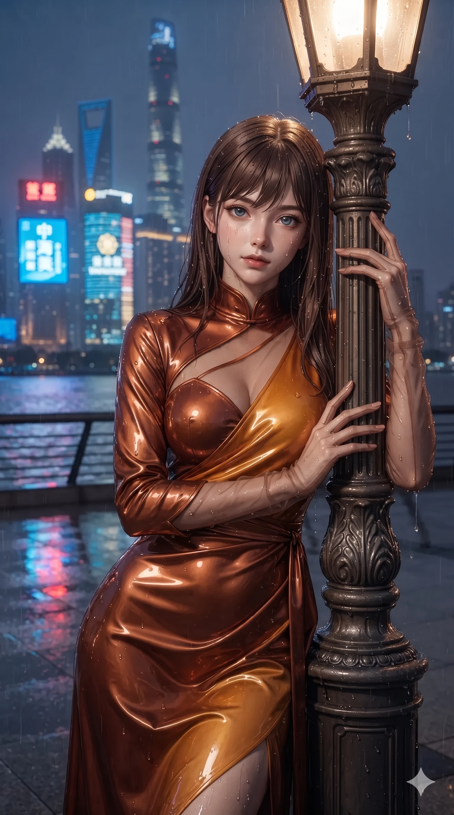 score_9, masterpiece, best quality, ultra-detailed, high-budget anime keyframe, editorial fashion photography, tasteful artistic composition, Korean woman. close-up cowboy shot from the waist and thighs up, the character dominates the composition, filling the frame with her large presence. twisting her slender torso in a deep contrapposto stance, hips dramatically shifted to accentuate her feminine curves while looking past her shoulder with smoldering bedroom-eyes while leaning against the illuminated esplanade lamp post with hips cocked back, looking through rain-streaked air with heavy-lidded seductive eyes. The background shows a soft-focus rain-slicked urban night atmosphere softened in Shanghai riverside promenade shallow focus. She has an exceptionally elegant, slender, and willowy female figure with an ultra-slim waist, flat toned midriff, narrow ribcage, and sculpted feminine hips creating an alluring, slim hourglass silhouette without bulk. sharp v-shaped jawline, high-bridge nose, intricate jewel-like sparkling eyes with depth, thick eyelashes, glossy parted lips with a natural sheen, intensely captivating and seductive bedroom-eyes expression, exuding both youthful cute charm and sovereign luxury allure, flawlessly proportioned anatomical accuracy, strict slender model proportions, natural body alignment, perfectly sculpted long slender limbs, ultra-slim waistline, clean dynamic posture without body distortion. wearing a wet-look silk fusion wrap dress with asymmetrical sheer mesh cutouts and high Mandarin collar in rich copper bronze and warm amber, tailored from high-gloss patent leather with mirror-like specular highlights, complemented by sheer opera-length evening gloves tracing her slender arms, the bespoke structured tailoring following the natural line of her 8.5-heads silhouette with refined elegance. bathed in the intense, high-saturation glow of multi-colored neon signage reflecting off wet surfaces. ultra-reflective glossy finish, specular highlights, rich textural contrasts, high-contrast stereoscopic depth, volumetric dynamic lighting, 2k, ultra detail, master piece, 9:16 ratio