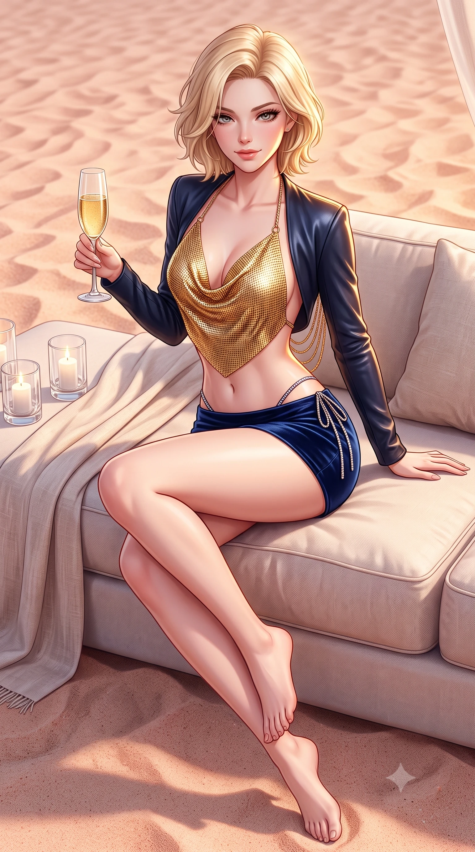 score_9, masterpiece, best quality, ultra-detailed, high-budget anime keyframe, semi-realistic 3D game render, editorial fashion photography, tasteful artistic composition, Caucasian woman. close-up cowboy shot from the waist and thighs up, the character dominates the composition, filling the frame with her large presence. perched sideways on the lounge seat, one knee drawn up to showcase her slender leg line while her arched back accentuates her feminine hip curve while sitting gracefully on the plush low divan on the sand with legs crossed, holding a glass of vintage champagne with magnetic siren cool. The surrounding environment is rendered in vivid detail and crisp panoramic clarity: sharp fine coral sand grain ripples, fluttering linen fabric weave, and crystal candle glass reflections in deep focus. She has an exceptionally elegant, slender, and willowy female figure with an ultra-slim waist, flat toned midriff, narrow ribcage, and sculpted feminine hips creating an alluring, slim hourglass silhouette without bulk. sharp v-shaped jawline, high-bridge nose, sparkling eyes with hypnotic seductive depth, thick curled eyelashes, glossy parted lips with a natural dewy peach sheen, alluring bedroom-eyes with an enchanting coquettish smile, exuding magnetic siren charisma and sophisticated glamour, flawlessly proportioned anatomical accuracy, strict slender model proportions, natural body alignment, perfectly sculpted long slender limbs, ultra-slim waistline, clean dynamic posture without body distortion. wearing a liquid gold chainmail cowl halter top paired with an ultra-low-rise velvet mini skirt and side rhinestone ties in deep sapphire navy and molten silver, woven from buttery-soft stretch lambskin leather adhering to her body like a second skin, accented with an open-back drape framed by falling strands of delicate gold chains, the liquid-tight tailored fabric clinging flawlessly to her narrow waist and rounded feminine hips, emphasizing every millimeter of her sculpted slim hourglass curves without any bulky heaviness. illuminated by white sand reflection bounce and sharp flame-gold rim lights defining her razor-sharp jawline, narrow waist, and curvy hips. highly saturated vibrant anime colors, detailed shading with soft gradients, rich glossy textures, high-contrast stereoscopic depth, volumetric dynamic lighting, master piece, 9:16 ratio