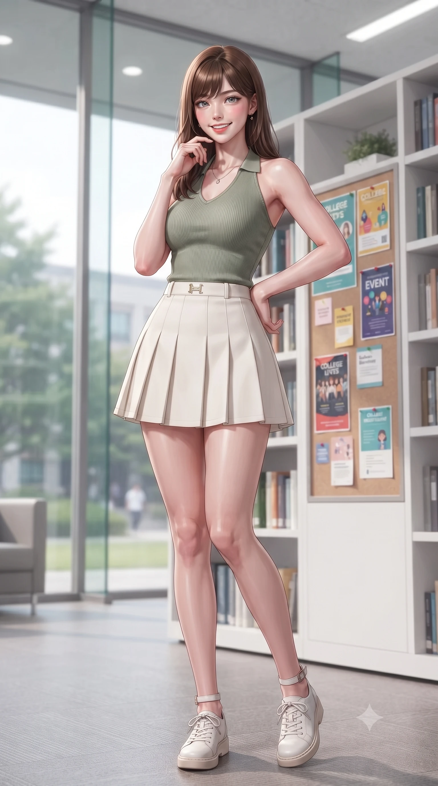 score_9, masterpiece, best quality, ultra-detailed, high-budget anime keyframe, editorial fashion photography, tasteful artistic composition, Korean woman. low angle full-body shot from head to toe showing her feet, filling the entire 9:16 vertical frame with her statuesque presence, stretching her vertical silhouette. standing with a cute, bright pose, tilting her head with a beaming smile set against a soft-focus background of inside a modern university library lounge with floor-to-ceiling glass windows and white bookshelves with colorful college flyers and posters decorating the bulletin boards behind her. She has an absolutely perfect, statuesque 8.5-heads proportion, an exceptionally tall and slender model-like female figure with impossibly long slender legs and an ultra-slim waist. sharp v-shaped jawline, high-bridge nose, intricate jewel-like eyes with depth, thick eyelashes, glossy lips with a natural sheen. wearing slim-fit tailored halter knit top in sage green, paired with a pleated mini skirt. soft diffused daylight creating a clean, high-key glow in the space. ultra-reflective glossy finish, specular highlights, metallic sheen, high-contrast stereoscopic depth, volumetric dynamic lighting, 2k, ultra detail, master piece, 9:16 ratio