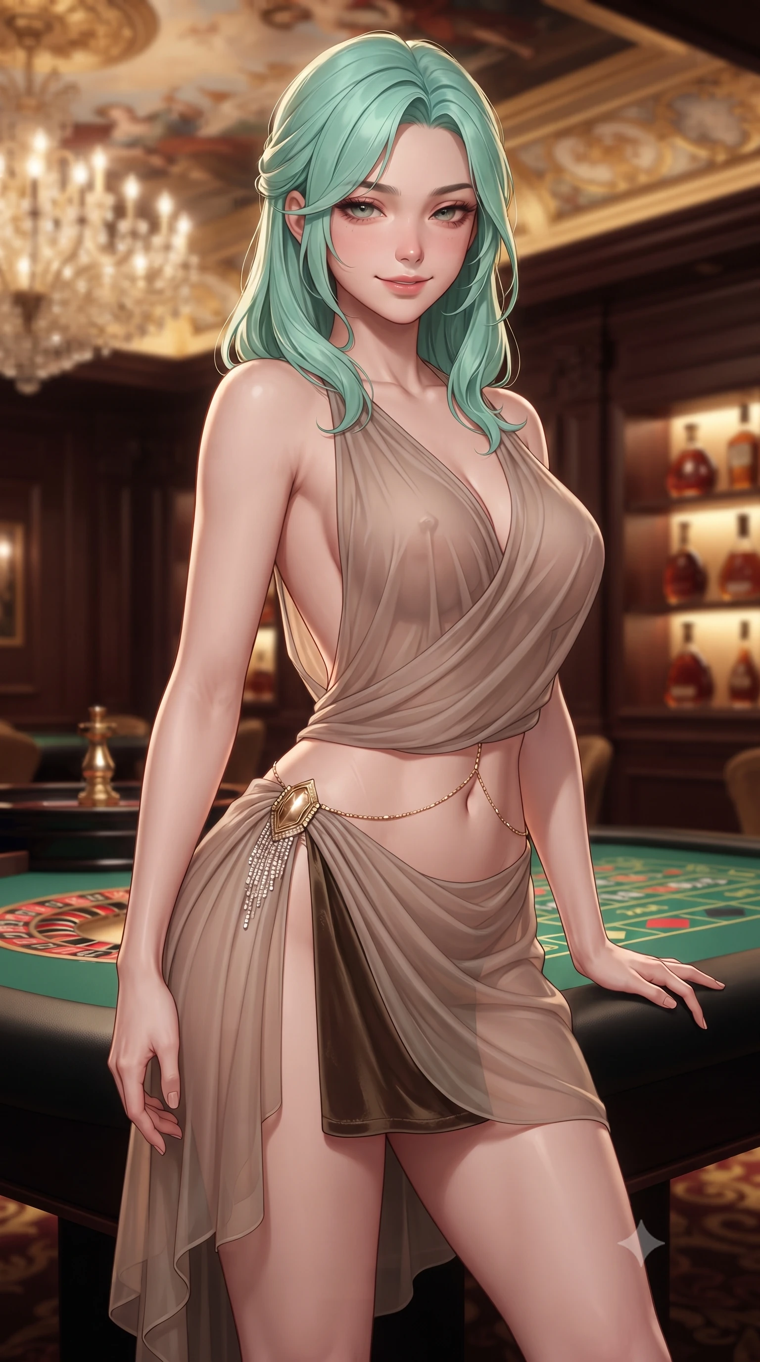 score_9, masterpiece, best quality, ultra-detailed, high-budget anime keyframe, editorial fashion photography, tasteful artistic composition, Japanese woman. close-up cowboy shot from the waist and thighs up, the character dominates the composition, filling the frame with her large presence. tilting her head with a teasing half-smile, running one hand slowly down the side of her hip in a flirtatious S-curve as ambient light caresses her silhouette while standing poised beside the green baize roulette table with hips cocked back, casting an intoxicating, heavy-lidded smile. The background shows a soft-focus gilded ceiling frescoes, dark mahogany moldings, and shelves of rare cognacs blurred into honey, topaz, and deep mahogany bokeh. She has an exceptionally elegant, slender, and willowy female figure with an ultra-slim waist, flat toned midriff, narrow ribcage, and sculpted feminine hips creating an alluring, slim hourglass silhouette without bulk. sharp v-shaped jawline, high-bridge nose, sparkling eyes with hypnotic seductive depth, thick curled eyelashes, glossy parted lips with a natural dewy peach sheen, alluring bedroom-eyes with an enchanting coquettish smile, exuding magnetic siren charisma and sophisticated glamour, flawlessly proportioned anatomical accuracy, strict slender model proportions, natural body alignment, perfectly sculpted long slender limbs, ultra-slim waistline, clean dynamic posture without body distortion. wearing a draped Greek-goddess style silk chiffon mini toga dress with an open back and golden hip fibula in sheer dusky champagne and glistening crystal trims, tailored from ultra-plush velvet with rich tactile depth and deep shadow gradients, accented with a dainty gold belly chain resting across her flat midriff and curving hips, the second-skin tailored fabric adhering flawlessly to her sculpted flat midriff and slender torso, emphasizing her long leg lines and perfectly proportioned willowy build. illuminated by chandelier reflections and sharp warm-amber rim lights defining her delicate clavicles, ultra-slim waist, and curvy hips. ultra-reflective glossy finish, specular highlights, rich textural contrasts, high-contrast stereoscopic depth, volumetric dynamic lighting, 2k, ultra detail, master piece, 9:16 ratio
