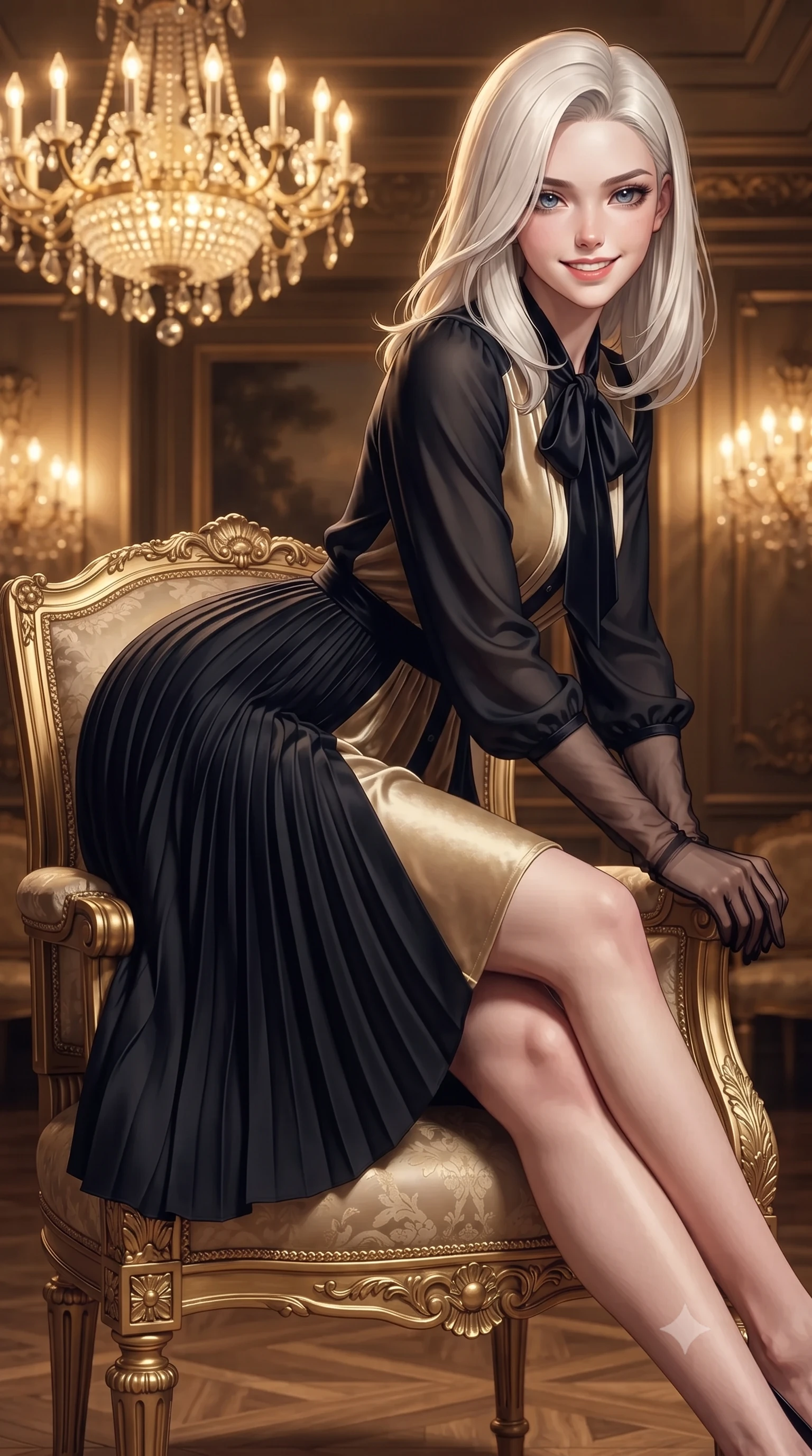 score_9, masterpiece, best quality, ultra-detailed, high-budget anime keyframe, editorial fashion photography, tasteful artistic composition, Caucasian woman. close-up cowboy shot from the waist and thighs up, the character dominates the composition, filling the frame with her large presence. leaning forward while arching her lower back to accentuate her curvy hips, looking into the camera with an intoxicating smoldering gaze and bedroom-eyes while lounging gracefully in the gilded Louis XVI bergère chair propped on one elbow with legs extended, displaying her long slender limbs and statuesque hourglass silhouette. The surrounding environment is rendered in vivid detail and crisp panoramic clarity: detailed garment cut, bodycon tailoring, and French resort heritage craft in razor-sharp precision. She has an exceptionally elegant, slender, and willowy female figure with an ultra-slim waist, flat toned midriff, narrow ribcage, and sculpted feminine hips creating an alluring, slim hourglass silhouette without bulk. sharp v-shaped jawline, high-bridge nose, intricate jewel-like sparkling eyes with depth, thick eyelashes, glossy parted lips with a natural peach sheen, bright cheerful beaming smile with an enchanting and coquettish sensual glint, exuding both youthful cute charm and seductive allure, flawlessly proportioned anatomical accuracy, strict slender model proportions, natural body alignment, perfectly sculpted long slender limbs, ultra-slim waistline, clean dynamic posture without body distortion. wearing a refined long-sleeve silk georgette tea dress with pleated A-line skirt and neck pussy-bow in deep midnight obsidian black and champagne gold, tailored from ultra-plush silk velvet with rich tactile depth and deep shadow gradients, complemented by sheer opera-length evening gloves tracing her slender arms, the bespoke structured tailoring following the natural line of her 8.5-heads silhouette with refined elegance. bathed in the warm radiant 2600K golden illumination of multi-tiered crystal chandeliers dimmed to an intimate VIP salon ambiance. ultra-reflective glossy finish, specular highlights, rich textural contrasts, high-contrast stereoscopic depth, volumetric dynamic lighting, 2k, ultra detail, master piece, 9:16 ratio