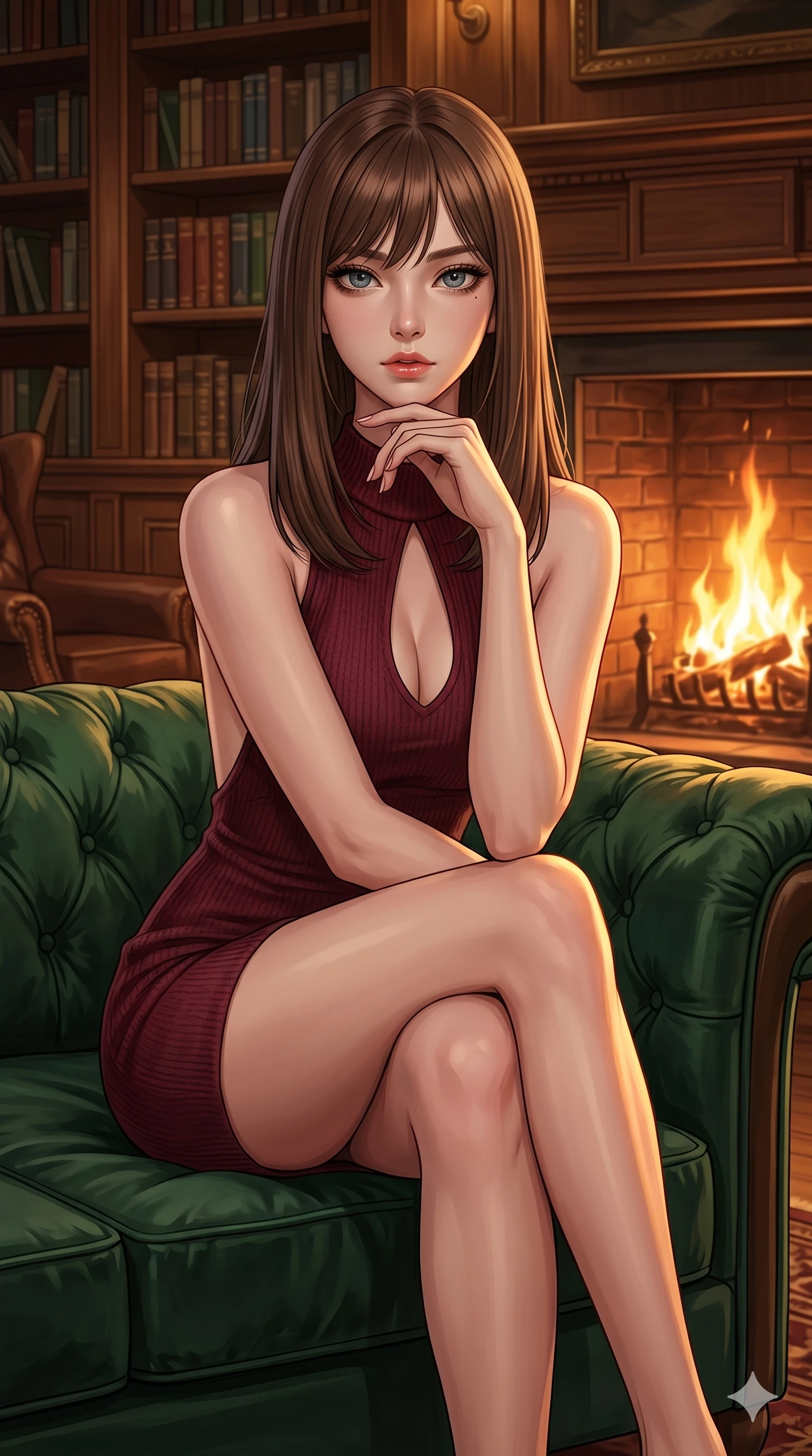 score_9, masterpiece, best quality, ultra-detailed, high-budget anime keyframe, editorial fashion photography, tasteful artistic composition, Korean woman. cowboy shot from the thighs up, character and outfit filling the frame for maximum editorial presence. sitting on a velvet sofa, resting her chin on her fingers, looking directly into the lens inside a cozy library lounge with a roaring brick fireplace (Code-P16-060). She has an absolutely perfect 8-heads proportion, an exceptionally tall and slender female figure with impossibly long slender legs and an ultra-slim waist. V-shaped jawline, high-bridge nose, intricate jewel-like eyes with depth, thick eyelashes, glossy lips with a natural sheen. wearing a form-fitting burgundy knit dress with an elegant keyhole cutout and bare back. warm amber firelight casting dancing shadows and a soft golden glow over her features. 2k, ultra detail, master piece, 9:16 ratio