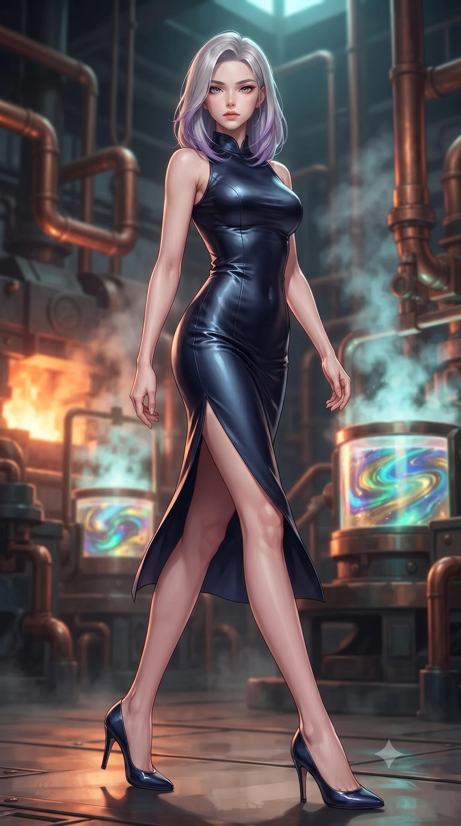 score_9, masterpiece, best quality, ultra-detailed, high-budget anime keyframe, editorial fashion photography, tasteful artistic composition, Caucasian woman woman. low angle full-body shot from head to toe showing her feet, filling the entire 9:16 vertical frame with her statuesque presence, stretching her vertical silhouette. She has an absolutely perfect, statuesque 8.5-heads proportion, an exceptionally tall and slender model-like female figure with impossibly long slender legs and an ultra-slim waist. stepping gracefully forward in a proud statuesque stride, her body turning in a fluid S-curve silhouette, flawlessly proportioned anatomical accuracy, natural body alignment, perfectly sculpted elegant limbs, clean dynamic posture without body distortion. set against a soft-focus background of a copper pipe industrial foundry with liquid aurora crucibles. wearing a sleek midnight navy silk column dress with form-contouring tailored seams. bathed in intense orange furnace light clashing with cool cyan steam highlights. ultra-reflective glossy finish, specular highlights, metallic sheen, high-contrast stereoscopic depth, volumetric dynamic lighting, 2k, ultra detail, master piece, 9:16 ratio
