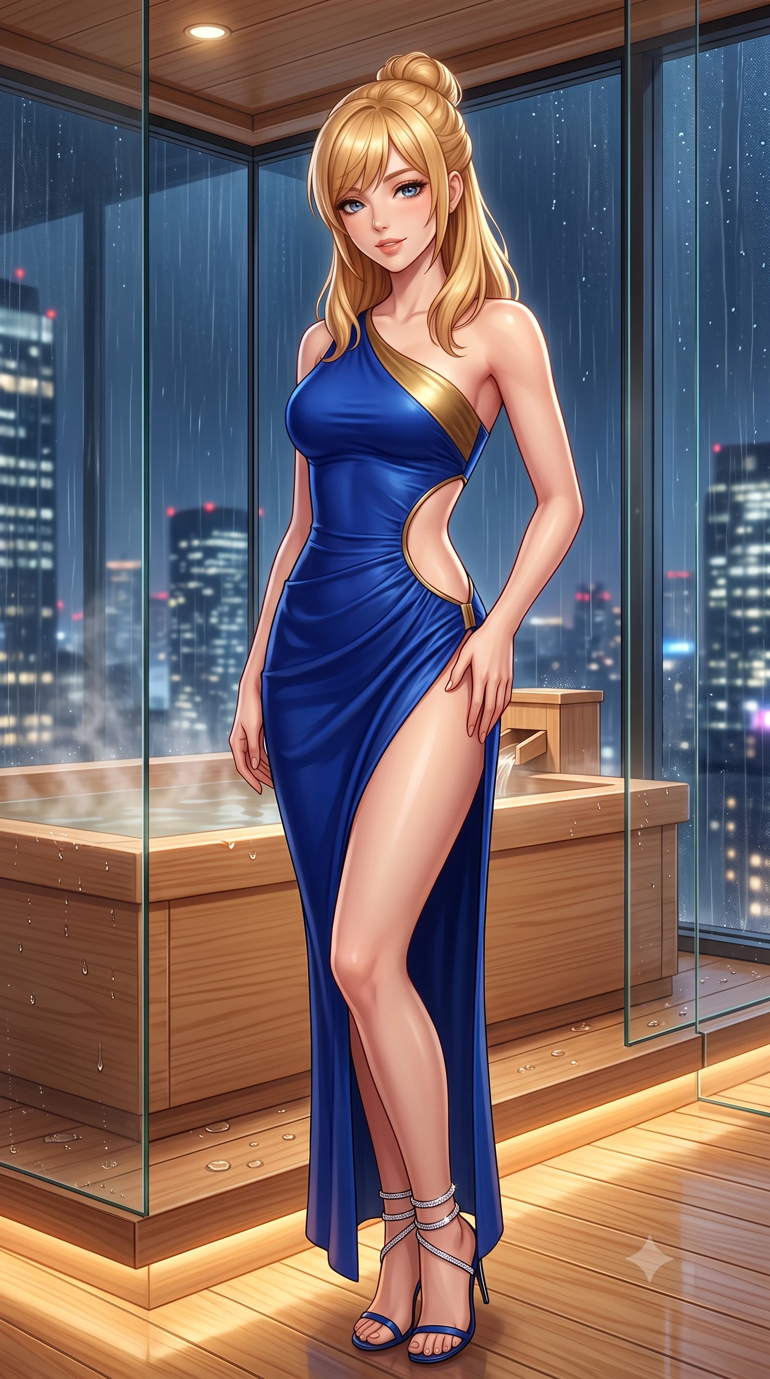score_9, masterpiece, best quality, ultra-detailed, high-budget anime keyframe, semi-realistic 3D game render, editorial fashion photography, tasteful artistic composition, Caucasian woman. close-up cowboy shot from the waist and thighs up, the character dominates the composition, filling the frame with her large presence. tilting her head with a teasing half-smile, running one hand slowly down the side of her hip in a flirtatious S-curve as ambient light caresses her silhouette while standing beside the steaming hinoki tub with hips cocked back, looking out through frameless glass at the rainy Ginza skyline with bedroom-eyes. The surrounding environment is rendered in vivid detail and crisp panoramic clarity: sharp straight grain of centuries-old Kiso hinoki wood, water droplet beads on polished wood, and glass reflection seams in deep focus. She has an exceptionally elegant, slender, and willowy female figure with an ultra-slim waist, flat toned midriff, narrow ribcage, and sculpted feminine hips creating an alluring, slim hourglass silhouette without bulk. sharp v-shaped jawline, high-bridge nose, sparkling eyes with hypnotic seductive depth, thick curled eyelashes, glossy parted lips with a natural dewy peach sheen, alluring bedroom-eyes with an enchanting coquettish smile, exuding magnetic siren charisma and sophisticated glamour, flawlessly proportioned anatomical accuracy, strict slender model proportions, natural body alignment, perfectly sculpted long slender limbs, ultra-slim waistline, clean dynamic posture without body distortion. wearing an asymmetric one-shoulder liquid jersey gown with dramatic hip-high slit and sculptural waist cutout in royal lapis lazuli and burnished brass, woven from buttery-soft stretch lambskin leather adhering to her body like a second skin, complemented by strappy stiletto sandals with crystal ankle wraps accentuating her slender calves, the glove-like clinging cut tightly following the natural contour of her hips and long slender legs with youthful 8.5-heads elegance. bathed in soft 2700K concealed warm LED cove lighting glowing beneath the floating hinoki platform. highly saturated vibrant anime colors, detailed shading with soft gradients, rich glossy textures, high-contrast stereoscopic depth, volumetric dynamic lighting, master piece, 9:16 ratio
