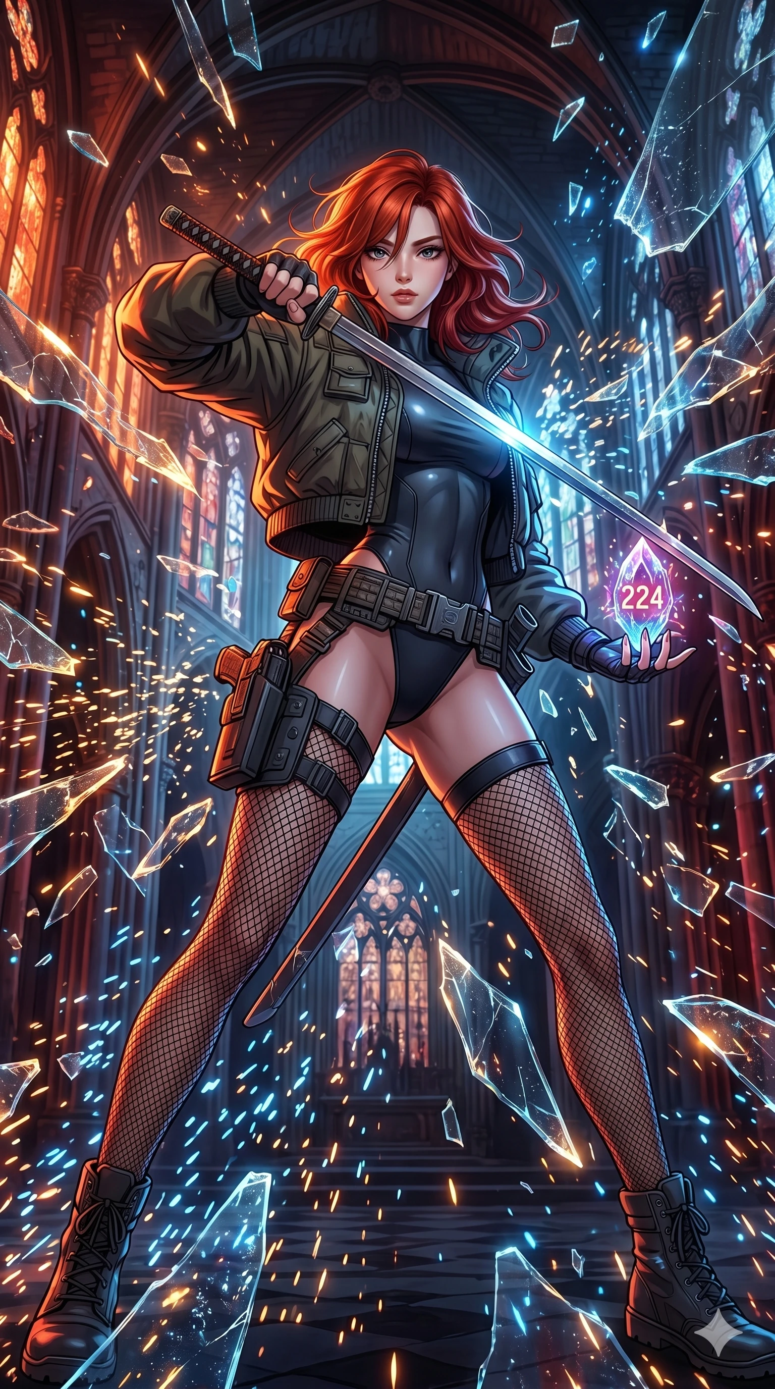 score_9, masterpiece, best quality, ultra-detailed, Set A: High-budget Anime Keyframe, Japanese woman. Low angle cowboy shot filling the entire 9:16 frame with her statuesque presence. Drawing a blade through a shattered glass cathedral, holding a relic that pulses with the frequency 224 and surrounded by glowing energy sparks. She has an absolutely perfect 8-heads proportion, an exceptionally tall and slender female figure with impossibly long slender legs and an ultra-slim waist. Sharp v-shaped jawline, high-bridge nose, intricate jewel-like eyes with depth, thick eyelashes, glossy lips with a natural sheen. Wearing Heavy tactical bomber jacket worn over a micro-bodysuit with mesh stockings. Cinematic lighting, vibrant colors, dramatic shadows, 2k, ultra detail, master piece, 9:16 ratio