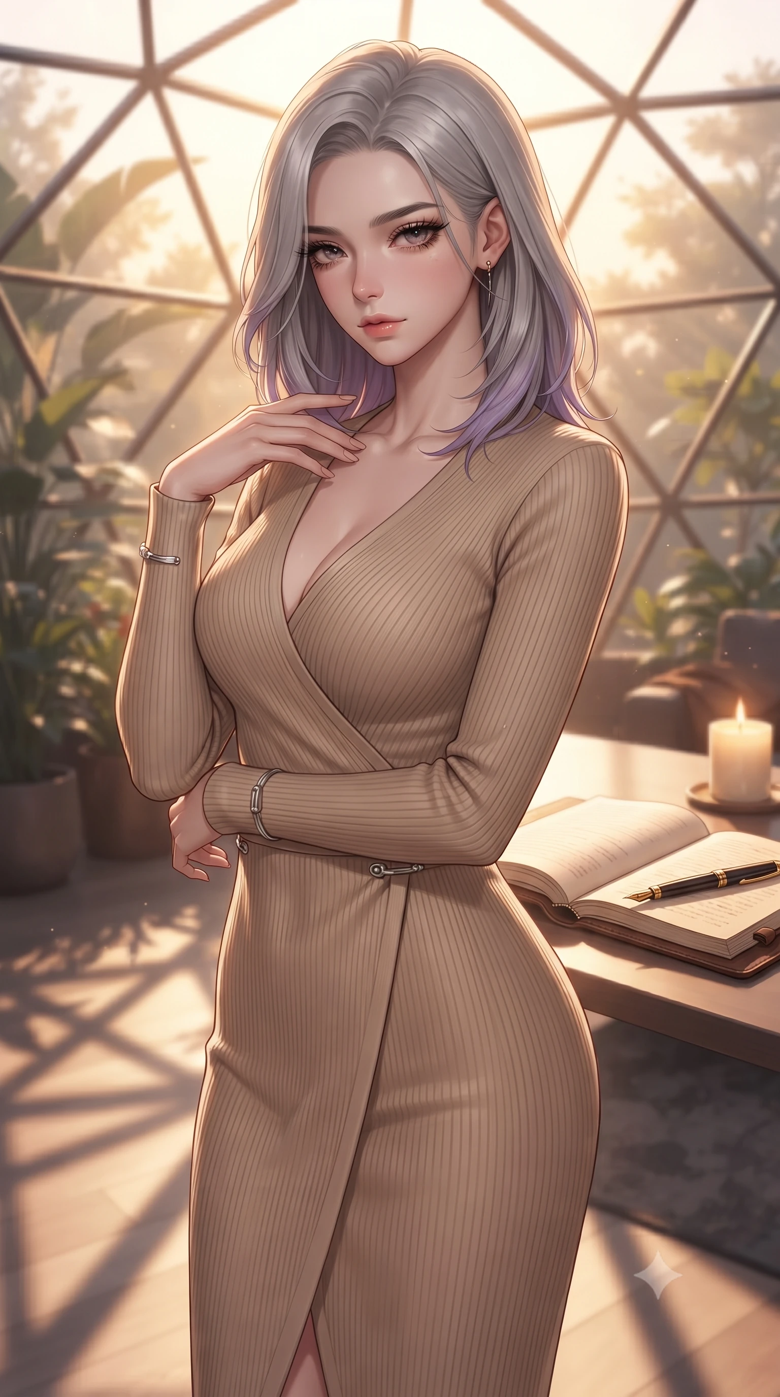 score_9, masterpiece, best quality, ultra-detailed, high-budget anime keyframe, editorial fashion photography, tasteful artistic composition, Caucasian woman. close-up cowboy shot from the waist and thighs up, the character dominates the composition, filling the frame with her large presence, background elements kept in soft focus. gently tracing her fingertips along her bare collarbone, casting a sultry gaze beneath long dark eyelashes set against a soft-focus background of inside an exclusive geodesic dome with an open leather journal and a gold fountain pen sitting next to a candle. She has an exceptionally elegant, slender, and willowy female figure with an ultra-slim waist, a gracefully sculpted slender torso, and a refined silhouette. sharp v-shaped jawline, high-bridge nose, intricate jewel-like eyes with depth, thick eyelashes, glossy lips with a natural sheen. wearing body-hugging warm beige ribbed cashmere sleek long-sleeve silk wrap dress contouring her ultra-slim waist elegantly accented with delicate silver hardware. bathed in warm golden hour sunbeams that cast long, romantic shadows across the floor. ultra-reflective glossy finish, specular highlights, metallic sheen, high-contrast stereoscopic depth, volumetric dynamic lighting, 2k, ultra detail, master piece, 9:16 ratio
