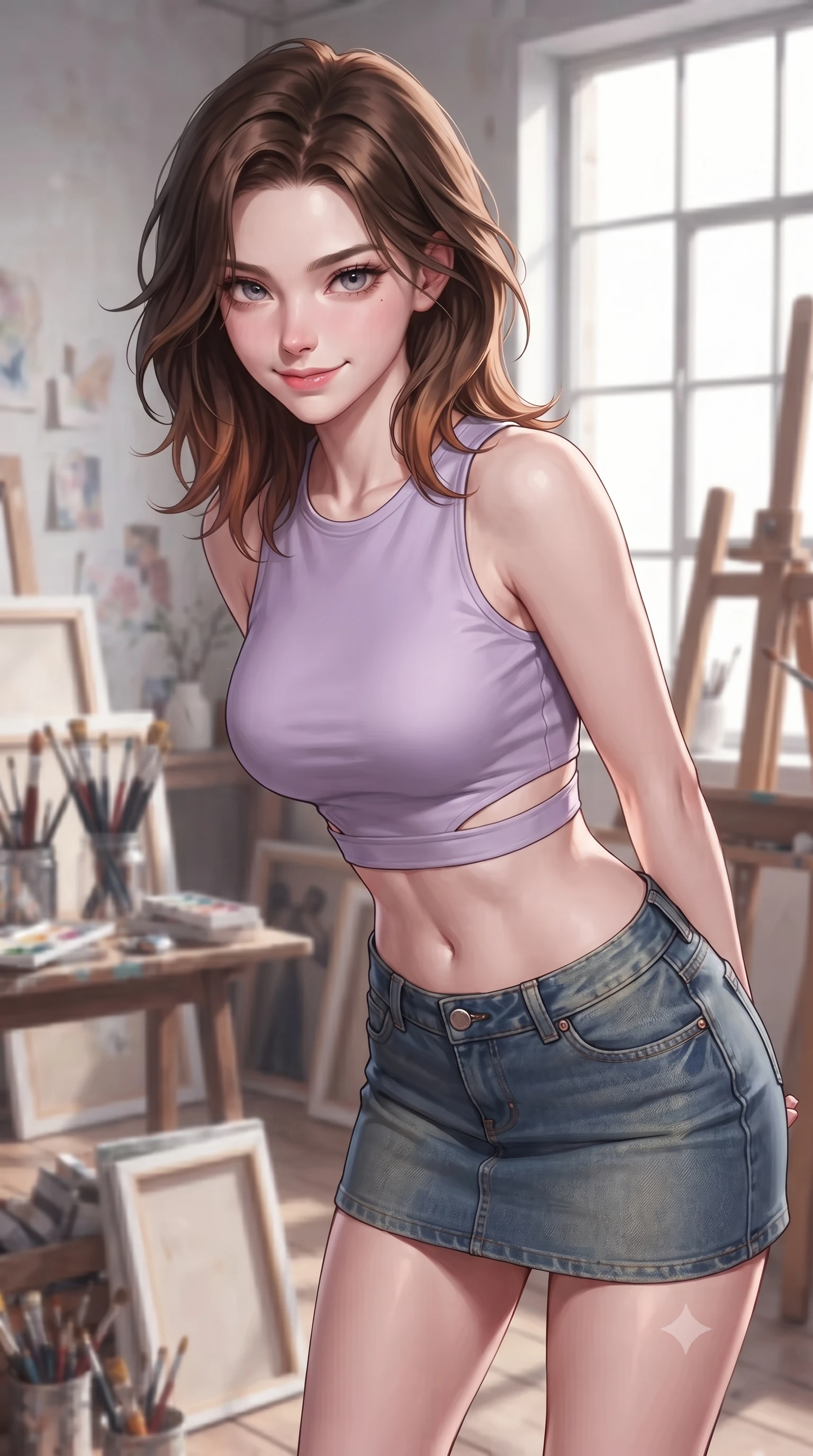 score_9, masterpiece, best quality, ultra-detailed, high-budget anime keyframe, editorial fashion photography, tasteful artistic composition, Korean woman woman. close-up cowboy shot from the waist and thighs up, the character dominates the composition, filling the frame with her large presence, background elements kept in soft focus. leaning slightly forward with a playful, teasing smile, her gaze locked onto the viewer the background shows a soft-focus an artist's loft studio filled with canvases, paint brushes, and easel near a large window. She has an exceptionally elegant, slender, and willowy female figure with an ultra-slim waist, a gracefully sculpted slender torso, and a refined silhouette. sharp v-shaped jawline, high-bridge nose, intricate jewel-like eyes with depth, thick eyelashes, glossy lips with a natural sheen. wearing a body-hugging modern crop top in lavender cotton paired with a low-rise denim skirt and a subtle waist cut-out. crisp North daylight casting soft, consistent lighting over the workspace. ultra-reflective glossy finish, specular highlights, metallic sheen, high-contrast stereoscopic depth, volumetric dynamic lighting, 2k, ultra detail, master piece, 9:16 ratio