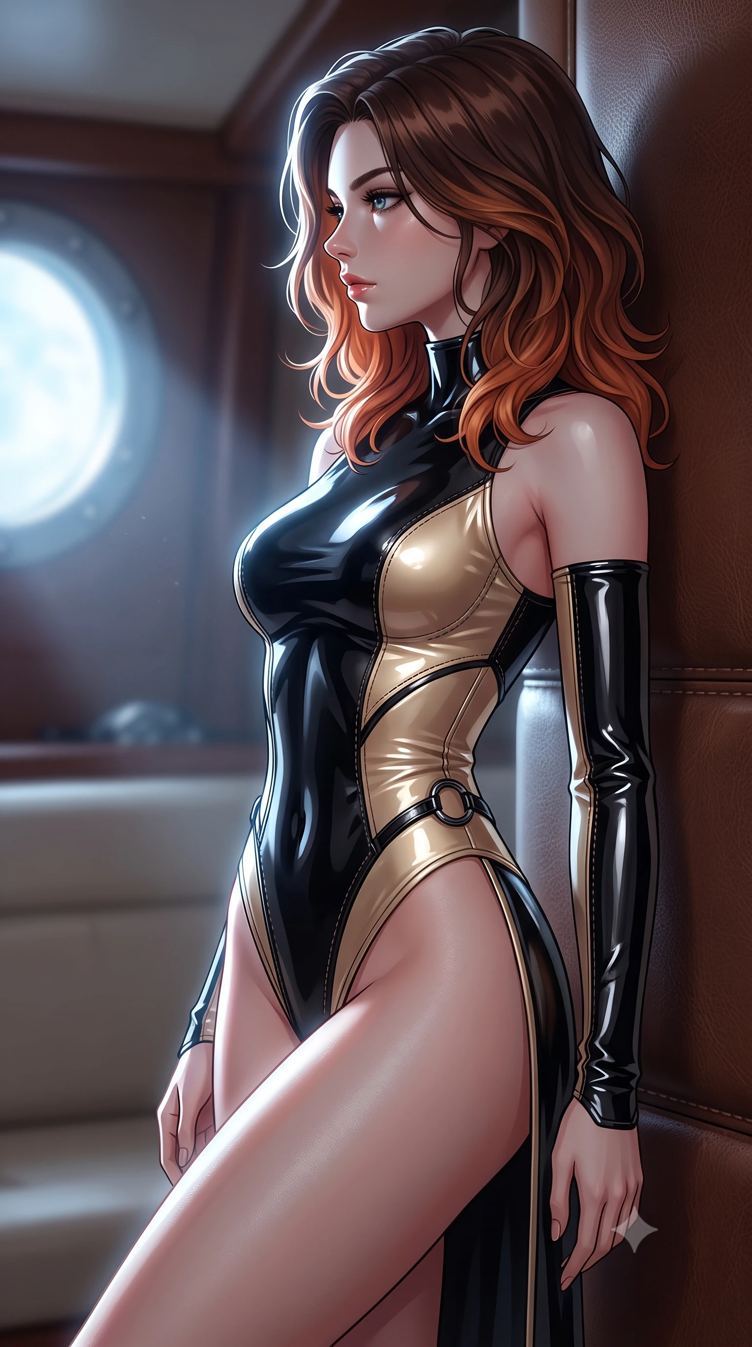 score_9, masterpiece, best quality, ultra-detailed, high-budget anime keyframe, editorial fashion photography, tasteful artistic composition, Korean woman. close-up cowboy shot from the waist and thighs up, the character dominates the composition, filling the frame with her large presence, background elements kept in soft focus. Turning her face in sharp dramatic profile against the key light, resting against a leather-wrapped bulkhead as moonlight streams into the cabin, impossibly long slender legs emphasized by a high thigh-slit outfit. She has an exceptionally elegant, slender, and willowy female figure with an ultra-slim waist, a gracefully sculpted slender torso, and a refined silhouette. sharp v-shaped jawline, high-bridge nose, intricate jewel-like eyes with depth, thick eyelashes, glossy lips with a natural sheen. wearing asymmetric high-cut cyber-bodysuit with detached sleeves in onyx black in champagne gold, made of high-gloss liquid vinyl, trimmed with dark chrome ring hardware along the waist contours, the fitted fabric emphasizing her ultra-slim waist. surrounded by an airy sea-breeze ambiance with bright silver rim lights. highly saturated vibrant anime colors, detailed shading with soft gradients, rich glossy textures, high-contrast stereoscopic depth, volumetric dynamic lighting, master piece, 9:16 ratio