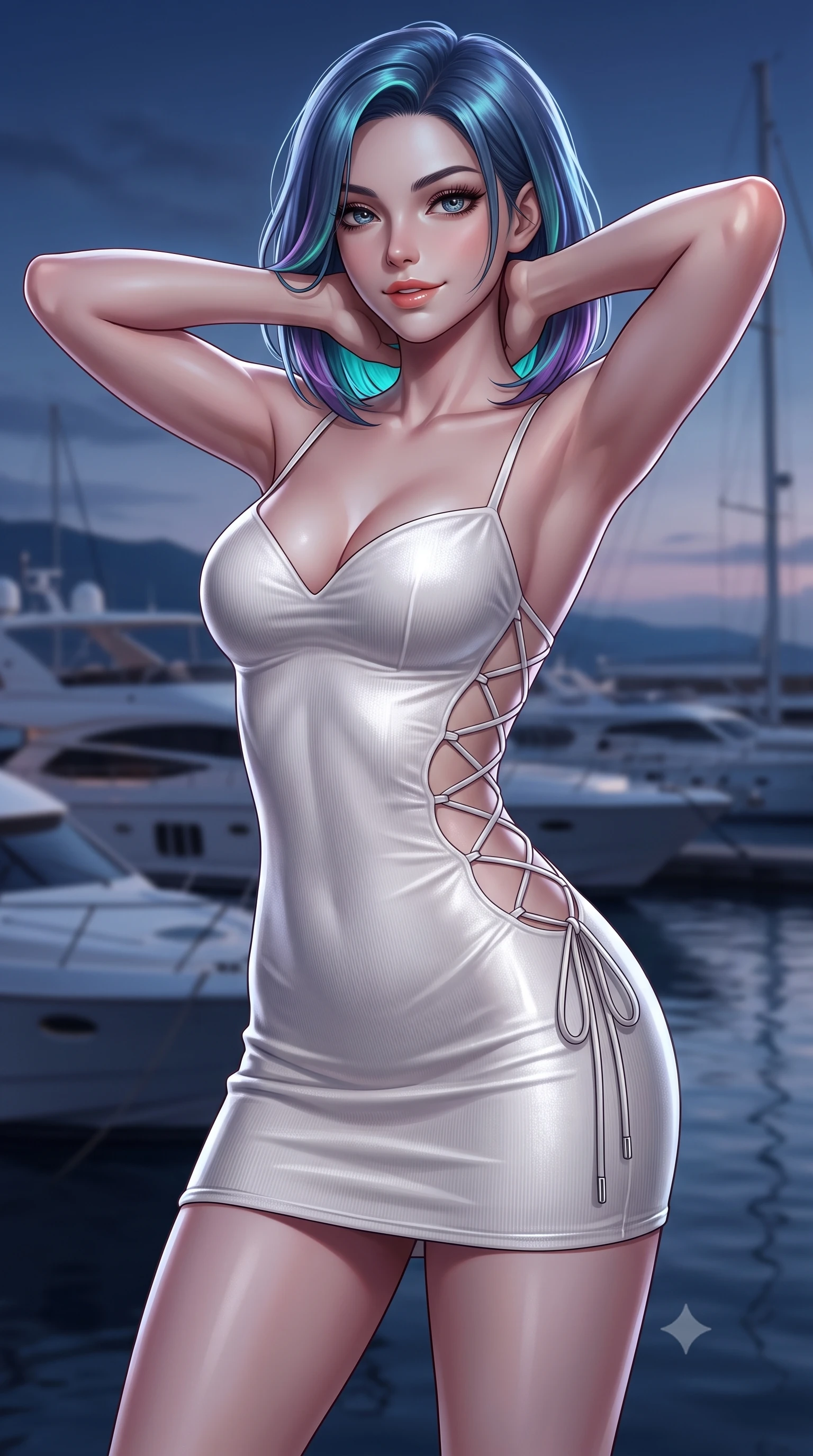 score_9, masterpiece, best quality, ultra-detailed, high-budget anime keyframe, semi-realistic 3D game render, editorial fashion photography, tasteful artistic composition, Caucasian woman. close-up cowboy shot from the waist and thighs up, the character dominates the composition, filling the frame with her large presence. resting both hands lightly behind her neck with elbows raised, arching her spine to highlight her narrow waist, flat midriff, and breathtaking collarbones while twisting her slender torso in an alluring S-curve, salty harbor winds molding her form-fitting dress to her feminine hourglass contours. The background shows a soft-focus moored luxury yachts softened in breezy maritime night shallow focus. She has an exceptionally elegant, slender, and willowy female figure with an ultra-slim waist, flat toned midriff, narrow ribcage, and sculpted feminine hips creating an alluring, slim hourglass silhouette without bulk. sharp v-shaped jawline, high-bridge nose, sparkling eyes with hypnotic seductive depth, thick curled eyelashes, glossy parted lips with a natural dewy peach sheen, alluring bedroom-eyes with an enchanting coquettish smile, exuding magnetic siren charisma and sophisticated glamour, flawlessly proportioned anatomical accuracy, strict slender model proportions, natural body alignment, perfectly sculpted long slender limbs, ultra-slim waistline, clean dynamic posture without body distortion. wearing a deep sweetheart-neckline velvet bodycon dress with sheer side-torso cutouts accentuating her hourglass curves in pure pearl alabaster with platinum sheen, tailored from fine ribbed modal knit with gentle elastic contouring and soft hand-feel, featuring fine criss-cross lace-up side ties revealing tantalizing glimpses of her hip curve, the second-skin tailored fabric adhering flawlessly to her sculpted flat midriff and slender torso, emphasizing her long leg lines and perfectly proportioned willowy build. illuminated by harbor water moonbeam bounce and sharp platinum rim lights defining her collarbones, narrow waist, and curvy hips. highly saturated vibrant anime colors, detailed shading with soft gradients, rich glossy textures, high-contrast stereoscopic depth, volumetric dynamic lighting, master piece, 9:16 ratio