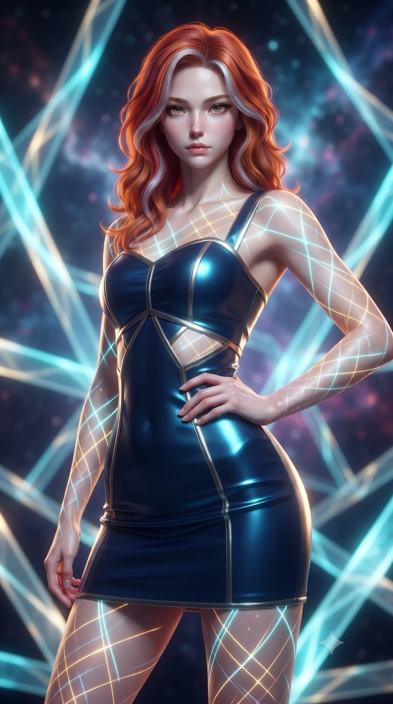 score_9, masterpiece, best quality, ultra-detailed, high-budget anime keyframe, editorial fashion photography, tasteful artistic composition, Caucasian woman. close-up cowboy shot from the waist and thighs up, the character dominates the composition, filling the frame with her large presence, background elements kept in soft focus. Holding a confident power pose with one hand on her hip, gazing directly into the camera with quiet intensity navigating a maze of glowing silk ribbons that pulse to a cosmic rhythm, intricate geometric lattice patterns of light projected onto her skin. She has an exceptionally elegant, slender, and willowy female figure with an ultra-slim waist, a gracefully sculpted slender torso, and a refined silhouette. sharp v-shaped jawline, high-bridge nose, intricate jewel-like eyes with depth, thick eyelashes, glossy lips with a natural sheen. wearing a modern fusion silk hanbok dress with a structured bodice in midnight navy blue and chrome trim, crafted from smooth liquid silk, featuring subtle geometric cutouts that highlight her ultra-slim midriff, the tailored fabric tightly following every curve of her athletic build. illuminated by the brilliant glow of cyan and gold luminescent threads. ultra-reflective glossy finish, specular highlights, metallic sheen, high-contrast stereoscopic depth, volumetric dynamic lighting, 2k, ultra detail, master piece, 9:16 ratio