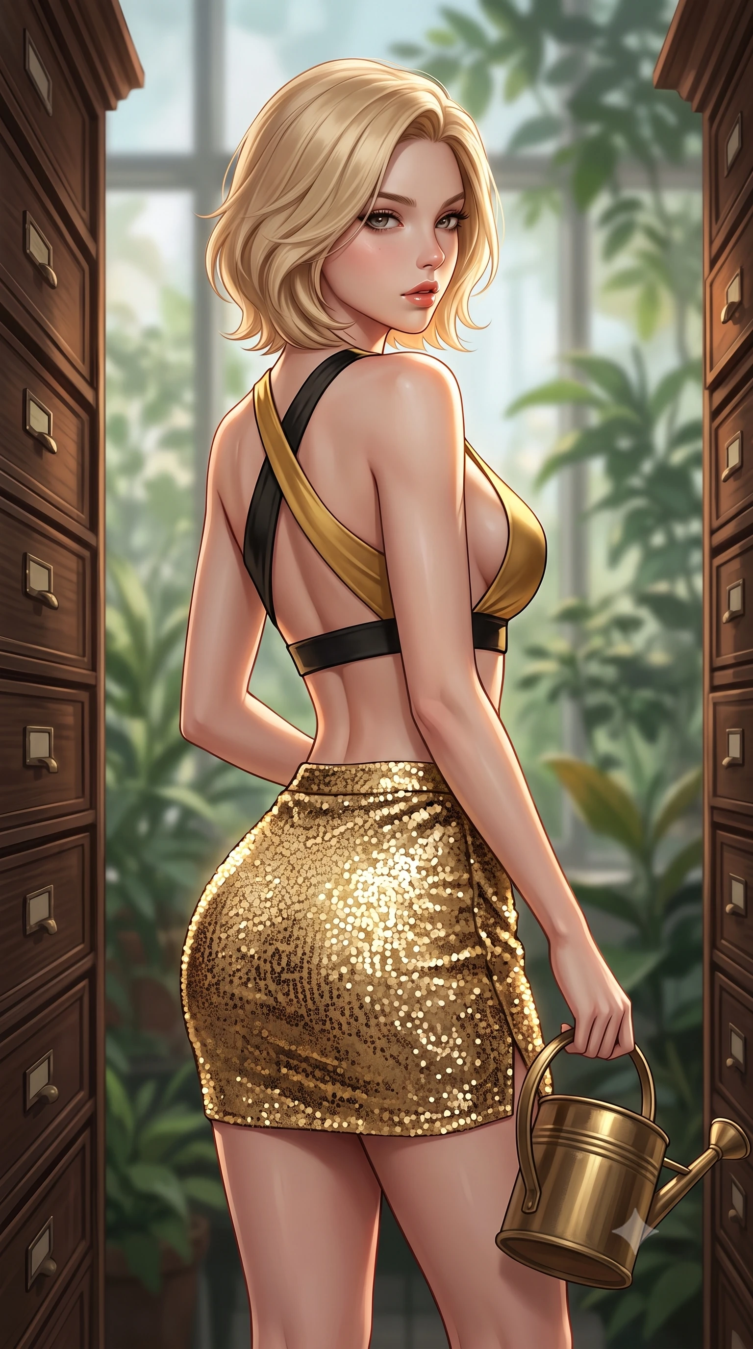 score_9, masterpiece, best quality, ultra-detailed, high-budget anime keyframe, semi-realistic 3D game render, editorial fashion photography, tasteful artistic composition, Caucasian woman. close-up cowboy shot from the waist and thighs up, the character dominates the composition, filling the frame with her large presence. posing in an alluring rear three-quarter angle, looking over a bare shoulder with parted glossy lips, her hips cocked back to highlight her slim hourglass curve while standing poised between floor-to-ceiling wooden specimen drawers with hips cocked back, looking back with an intoxicating, smoldering gaze. The background shows a soft-focus glasshouse flora visible through windows softened in quiet scholarly shallow focus. She has an exceptionally elegant, slender, and willowy female figure with an ultra-slim waist, flat toned midriff, narrow ribcage, and sculpted feminine hips creating an alluring, slim hourglass silhouette without bulk. sharp v-shaped jawline, high-bridge nose, sparkling eyes with hypnotic seductive depth, thick curled eyelashes, glossy parted lips with a natural dewy peach sheen, alluring bedroom-eyes with an enchanting coquettish smile, exuding magnetic siren charisma and sophisticated glamour, flawlessly proportioned anatomical accuracy, strict slender model proportions, natural body alignment, perfectly sculpted long slender limbs, ultra-slim waistline, clean dynamic posture without body distortion. wearing a high-waisted gold sequin wrap mini skirt paired with a plunging criss-cross halter sports top in dual-tone high-contrast gold-and-black monochrome, tailored from fine breathable linen with soft natural texture and elegant drape, finished with an antique brass watering can held casually at her side, the second-skin tailored fabric adhering flawlessly to her sculpted flat midriff and slender torso, emphasizing her long leg lines and perfectly proportioned willowy build. illuminated by parchment reflection fill and sharp warm-amber rim lights defining her delicate clavicles, narrow waist, and curvy hips. highly saturated vibrant anime colors, detailed shading with soft gradients, rich glossy textures, high-contrast stereoscopic depth, volumetric dynamic lighting, master piece, 9:16 ratio
