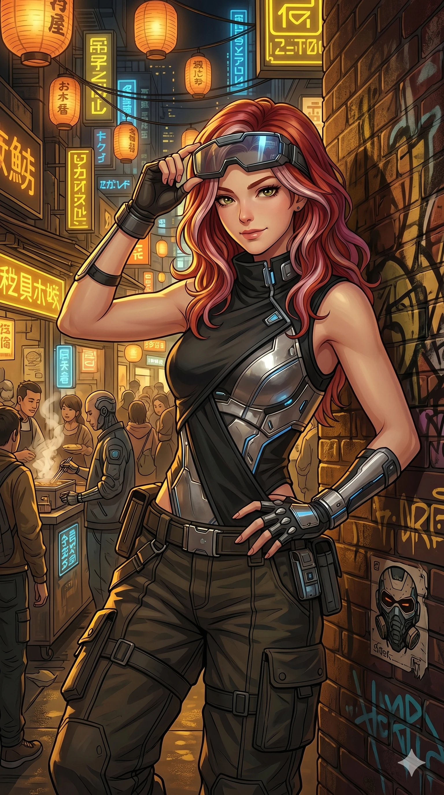 score_9, masterpiece, best quality, ultra-detailed, high-budget anime keyframe, Caucasian woman, strictly human ears. Upper body close-up from the thighs up, character filling the screen for maximum presence. Leaning against a graffiti-covered brick wall in a bustling futuristic night market, adjusting her high-tech visor with a confident half-smile. She is wearing an asymmetrical high-collar wrap top with metallic silver panels and dark cargo pants. The scene is bathed in warm amber light from overhead paper lanterns and flickering neon yellow signs. 2k, ultra detail, master piece, 9:16 ratio