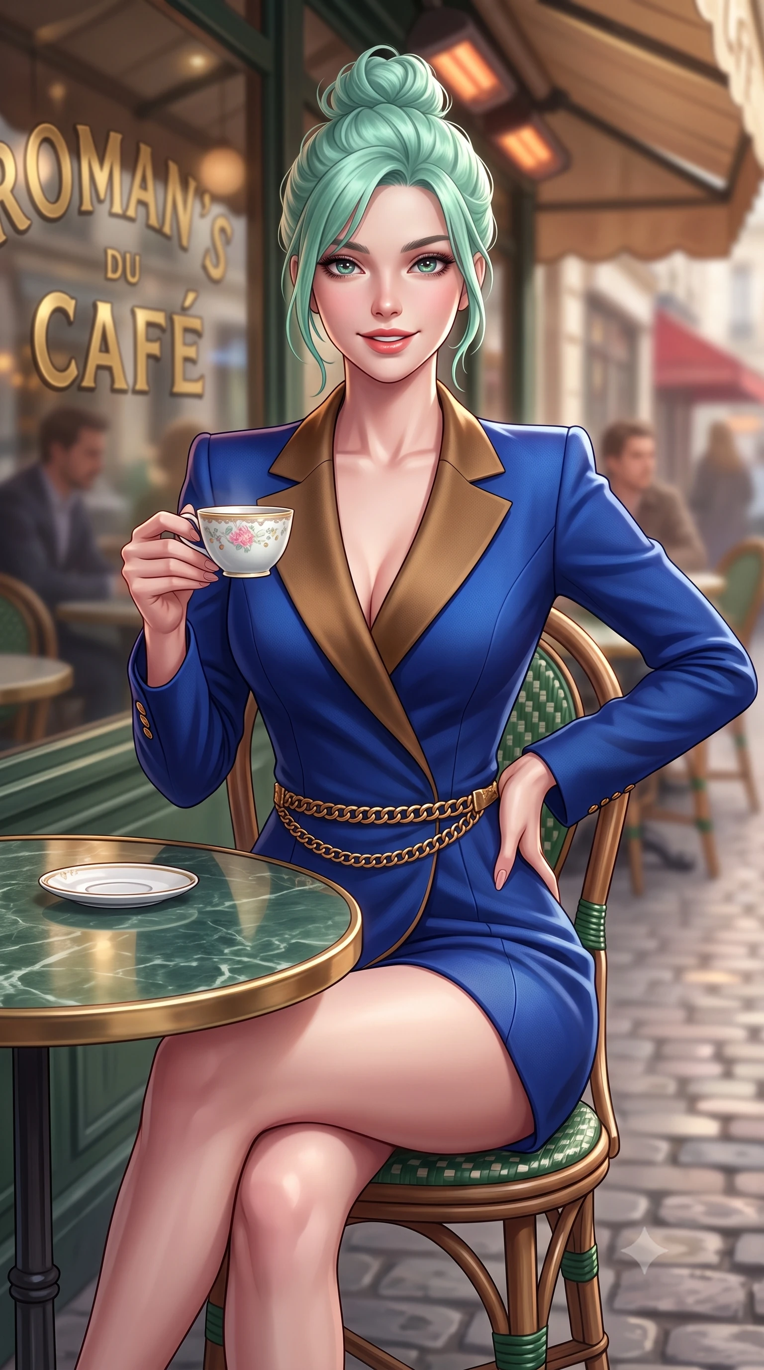 score_9, masterpiece, best quality, ultra-detailed, high-budget anime keyframe, semi-realistic 3D game render, editorial fashion photography, tasteful artistic composition, Japanese woman. close-up cowboy shot from the waist and thighs up, the character dominates the composition, filling the frame with her large presence. arching her lower back slightly with one hand resting on her sculpted hip, looking into the camera with an enchanting and coquettish smile while sitting poised at a round green marble bistrot table beneath the heated cafe awning, cradling a porcelain cup with a radiant French smile. The background shows a soft-focus brass café lettering on glass softened in romantic Left Bank intellectual shallow focus. She has an exceptionally elegant, slender, and willowy female figure with an ultra-slim waist, flat toned midriff, narrow ribcage, and sculpted feminine hips creating an alluring, slim hourglass silhouette without bulk. sharp v-shaped jawline, high-bridge nose, intricate jewel-like sparkling eyes with depth, thick eyelashes, glossy parted lips with a natural peach sheen, bright cheerful beaming smile with an enchanting and coquettish sensual glint, exuding both youthful cute charm and seductive allure, flawlessly proportioned anatomical accuracy, strict slender model proportions, natural body alignment, perfectly sculpted long slender limbs, ultra-slim waistline, clean dynamic posture without body distortion. wearing a bespoke hourglass-tailored wool blazer dress with structured shoulders and a deeply cinched belt, highlighting her sculpted feminine hips in royal sapphire blue and antique brushed bronze, tailored from stretch wool crepe providing structured compression and razor-sharp bodycon lines, finished with a sleek gold chain belt resting snugly across her narrow waist and curving hips, the form-contouring silhouette accentuating her sculpted flat midriff, narrow delicate ribcage, and gracefully curvy hips with intoxicating allure. illuminated by zinc counter and marble tabletop bounce with delicate platinum rim lights sculpting her features and slender waist. highly saturated vibrant anime colors, detailed shading with soft gradients, rich glossy textures, high-contrast stereoscopic depth, volumetric dynamic lighting, master piece, 9:16 ratio