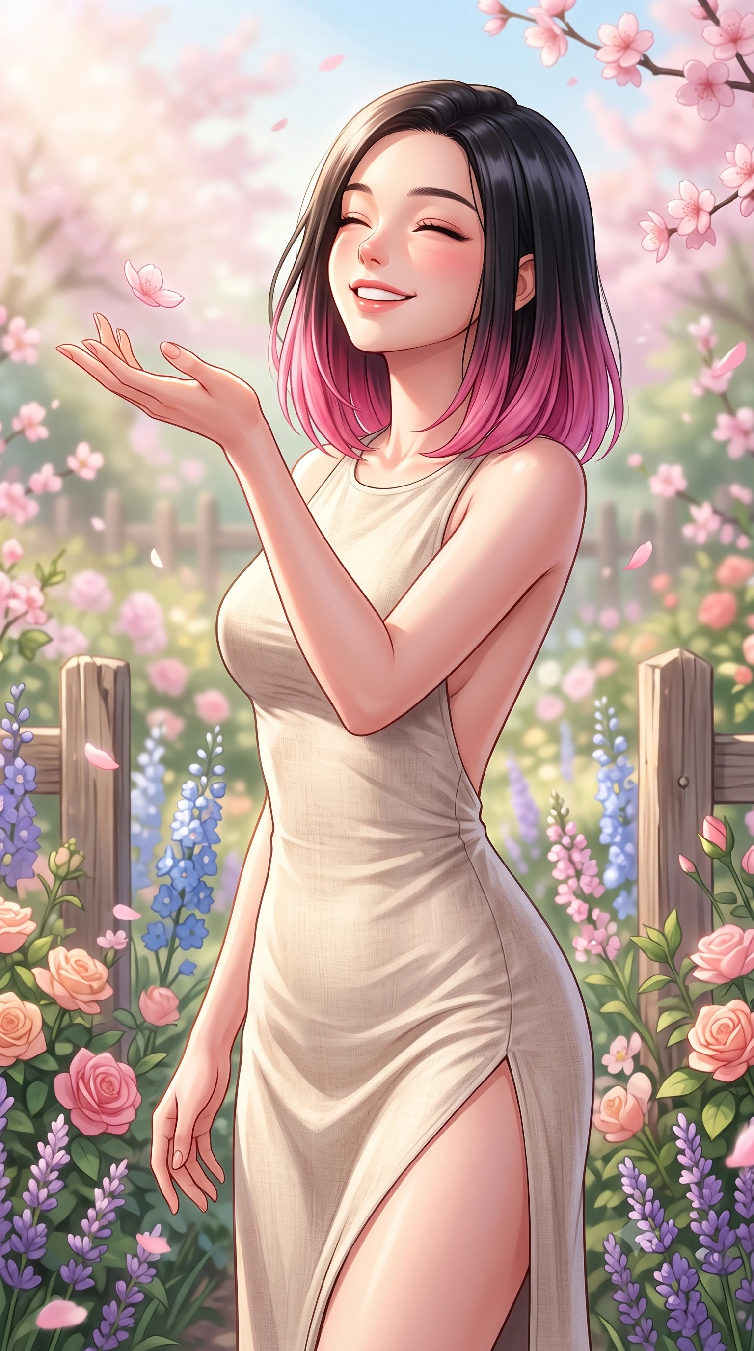 score_9, masterpiece, best quality, ultra-detailed, high-budget anime keyframe, editorial fashion photography, tasteful artistic composition, Korean woman. close-up cowboy shot from the waist and thighs up, the character dominates the composition, filling the frame with her large presence, background elements kept in soft focus. smiling happily with closed eyes, enjoying the warm sunbeams on her face set against a soft-focus background of in a lovely cottage garden filled with mixed cottage flowers and wooden fences catching falling pink cherry blossom petals with a delighted look. She has an exceptionally elegant, slender, and willowy female figure with an ultra-slim waist, a gracefully sculpted slender torso, and a refined silhouette. sharp v-shaped jawline, high-bridge nose, intricate jewel-like eyes with depth, thick eyelashes, glossy lips with a natural sheen. wearing form-contouring linen sundress with a daring high slit and a low-cut back design. soft diffused daylight creating a dreamy, pastel-colored country glow. highly saturated vibrant anime colors, detailed shading with soft gradients, rich glossy textures, high-contrast stereoscopic depth, volumetric dynamic lighting, master piece, 9:16 ratio