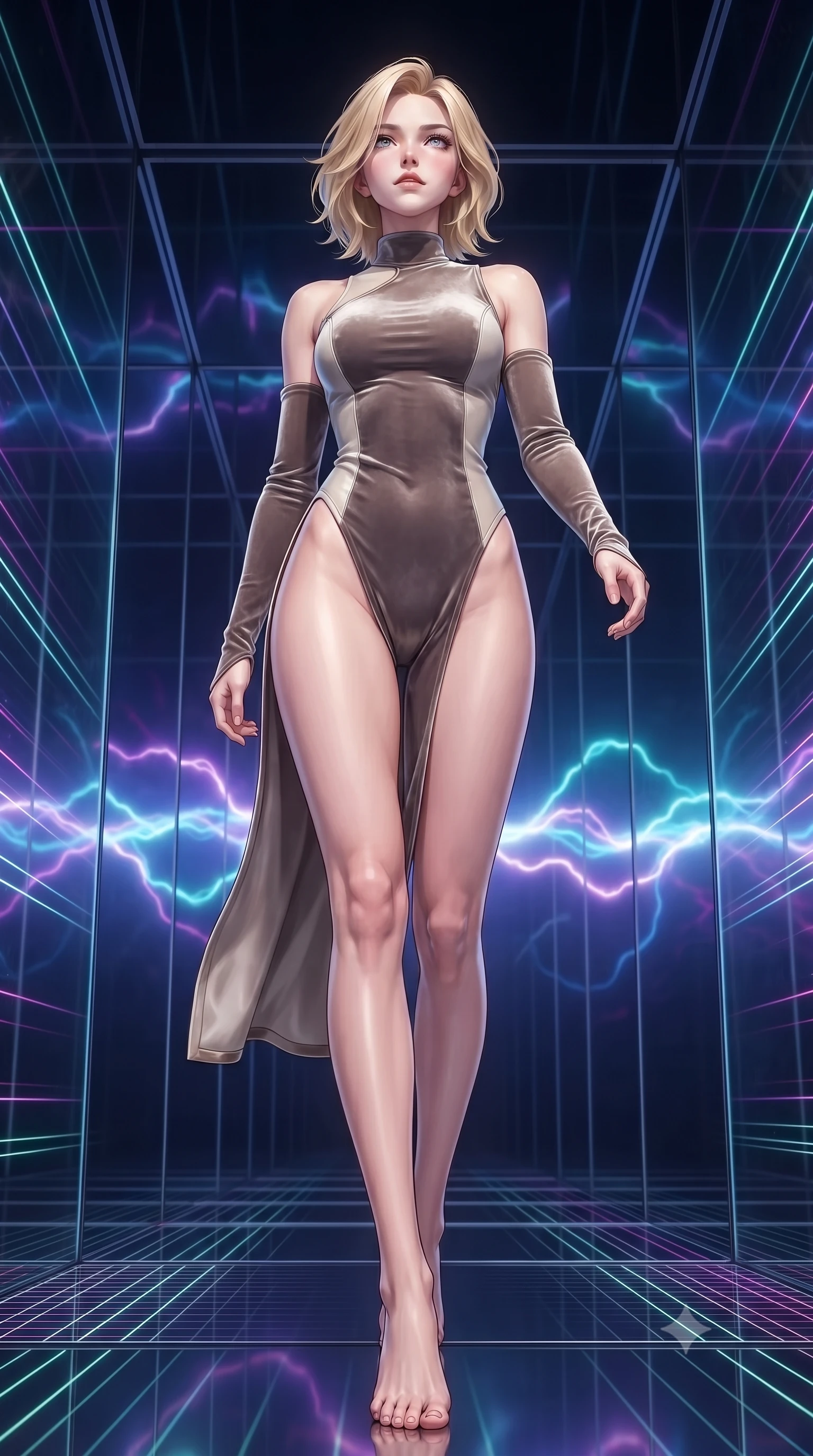 score_9, masterpiece, best quality, ultra-detailed, high-budget anime keyframe, editorial fashion photography, tasteful artistic composition, Caucasian woman. low angle full-body shot from head to toe showing her feet, filling the entire 9:16 vertical frame with her statuesque presence, stretching her vertical silhouette. stepping forward with proud posture, filling the vertical frame with her magnetic presence navigating a corridor of shifting laser light grids and mirror walls, glowing plasma arcs pulsating rhythmically in the background. She has an absolutely perfect, statuesque 8.5-heads proportion, an exceptionally tall and slender model-like female figure with impossibly long slender legs and an ultra-slim waist. sharp v-shaped jawline, high-bridge nose, intricate jewel-like eyes with depth, thick eyelashes, glossy lips with a natural sheen. wearing an asymmetrical high-cut tech-bodysuit with detached sleeves in muted taupe and soft ivory, made of premium stretch velvet with a rich sheen, finished with a sleek side slit ascending to mid-thigh, the form-contouring material highlighting her ultra-slim waist and long lines. surrounded by a crisp high-tech illumination highlighting every sleek curve. highly saturated vibrant anime colors, detailed shading with soft gradients, rich glossy textures, high-contrast stereoscopic depth, volumetric dynamic lighting, master piece, 9:16 ratio