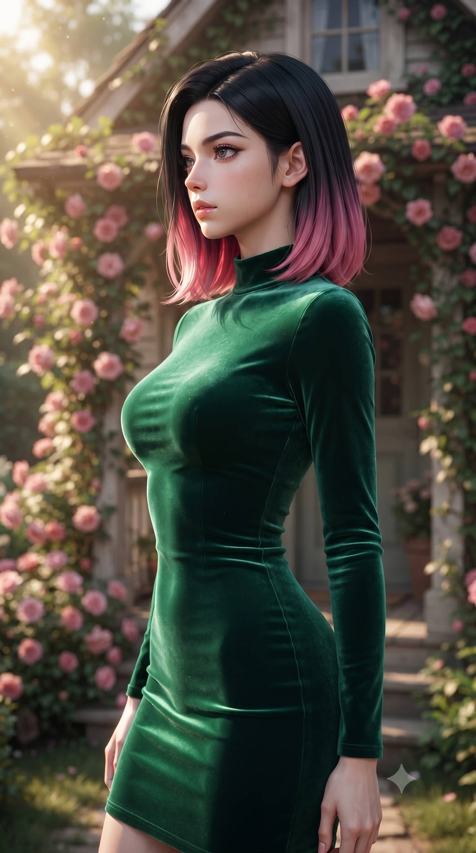 score_9, masterpiece, best quality, ultra-detailed, high-budget anime keyframe, editorial fashion photography, tasteful artistic composition, Korean woman woman. close-up cowboy shot from the waist and thighs up, the character dominates the composition, filling the frame with her large presence, background elements kept in soft focus. turning her face in sharp profile, casting a cold, mysterious, yet intensely alluring side gaze, the background shows a soft-focus the front porch of a rustic cottage covered in pink roses and ivy. She has an exceptionally elegant, slender, and willowy female figure with an ultra-slim waist, a gracefully sculpted slender torso, and a refined silhouette. sharp v-shaped jawline, high-bridge nose, intricate jewel-like eyes with depth, thick eyelashes, glossy lips with a natural sheen. wearing a form-contouring body-hugging emerald green velvet dress with a simple mock-neck collar. warm morning sunbeams highlighting the wooden door and flowers. ultra-reflective glossy finish, specular highlights, metallic sheen, high-contrast stereoscopic depth, volumetric dynamic lighting, 2k, ultra detail, master piece, 9:16 ratio