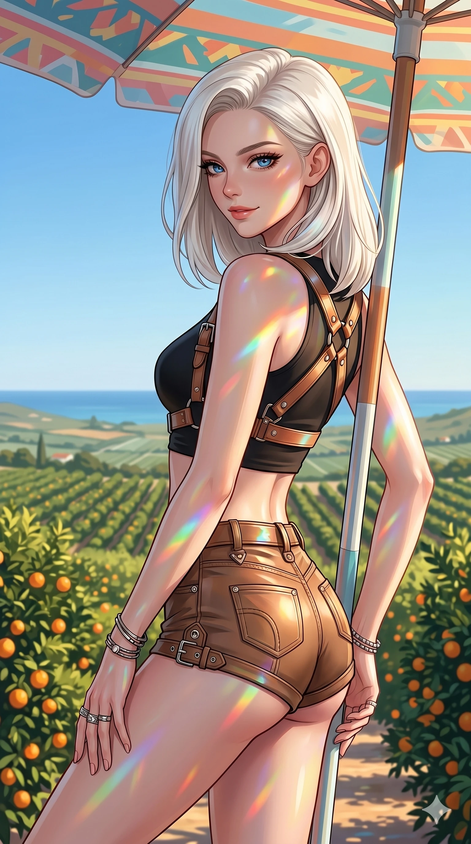 score_9, masterpiece, best quality, ultra-detailed, high-budget anime keyframe, editorial fashion photography, tasteful artistic composition, Caucasian woman, strictly human ears. cowboy shot from the thighs up, character and outfit filling the frame for maximum editorial presence. leaning against a beach umbrella, looking over her shoulder with a magnetic half-smile in a sunny coastal valley filled with rows of orange groves (Code-P19-074). She has an absolutely perfect 8-heads proportion, an exceptionally tall and slender female figure with impossibly long slender legs and an ultra-slim waist. V-shaped jawline, high-bridge nose, intricate jewel-like eyes with depth, thick eyelashes, glossy lips with a natural sheen. wearing a high-fashion leather harness over a crop top showing her bare midriff and matching micro-shorts. prismatic rainbow light refracting through the beach house glass, coloring her skin. 2k, ultra detail, master piece, 9:16 ratio