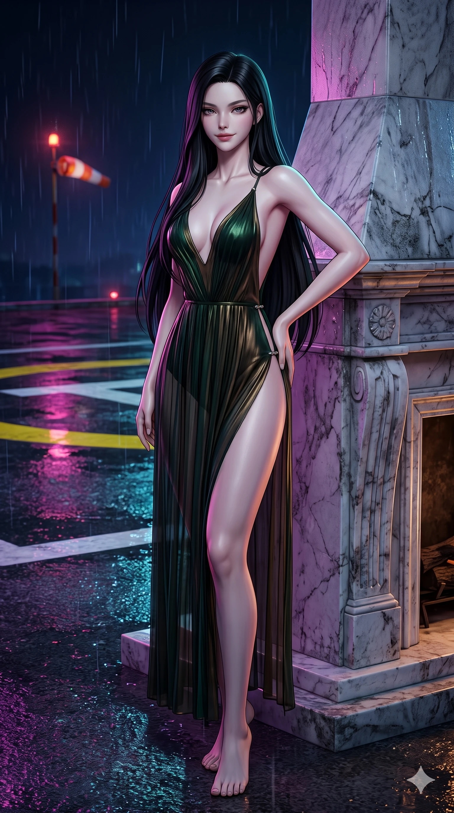 score_9, masterpiece, best quality, ultra-detailed, high-budget anime keyframe, semi-realistic 3D game render, editorial fashion photography, tasteful artistic composition, Korean woman. close-up cowboy shot from the waist and thighs up, the character dominates the composition, filling the frame with her large presence. standing poised beside a towering marble fireplace with hips cocked back, casting an alluring, sovereign gaze toward the viewer while twisting her slender torso in an alluring contrapposto stance, rain-slicked concrete reflecting neon magenta and cyan across her curves. The surrounding environment is rendered in vivid detail and crisp panoramic clarity: sharp yellow helipad markings, wet tarmac aggregate texture, and illuminated windsock beacon details in deep focus. She has an exceptionally elegant, slender, and willowy female figure with an ultra-slim waist, flat toned midriff, narrow ribcage, and sculpted feminine hips creating an alluring, slim hourglass silhouette without bulk. sharp v-shaped jawline, high-bridge nose, intricate jewel-like dark sparkling eyes with dangerous depth, thick curled eyelashes, glossy parted lips with a rich wine sheen, smoldering seductive half-smile with bedroom-eyes, exuding effortless superiority and intoxicating dark allure, flawlessly proportioned anatomical accuracy, strict slender model proportions, natural body alignment, perfectly sculpted long slender limbs, ultra-slim waistline, clean dynamic posture without body distortion. wearing a provocative backless liquid lamé slip dress with plunging neckline and hip-high thigh slit in dark emerald green and brushed antique bronze, crafted from semi-sheer pleated silk chiffon layered over an opaque second-skin underlayer, finished with an ultra-high side slit secured by miniature jeweled clasps, the form-fitting cut adhering flawlessly to her sculpted flat midriff and slender torso, emphasizing her long leg lines and perfectly proportioned willowy build. illuminated by wet tarmac puddle bounce and sharp ultraviolet rim lights sculpting her razor-sharp jawline, narrow waist, and curvy hips. highly saturated vibrant anime colors, detailed shading with soft gradients, rich glossy textures, high-contrast stereoscopic depth, volumetric dynamic lighting, master piece, 9:16 ratio