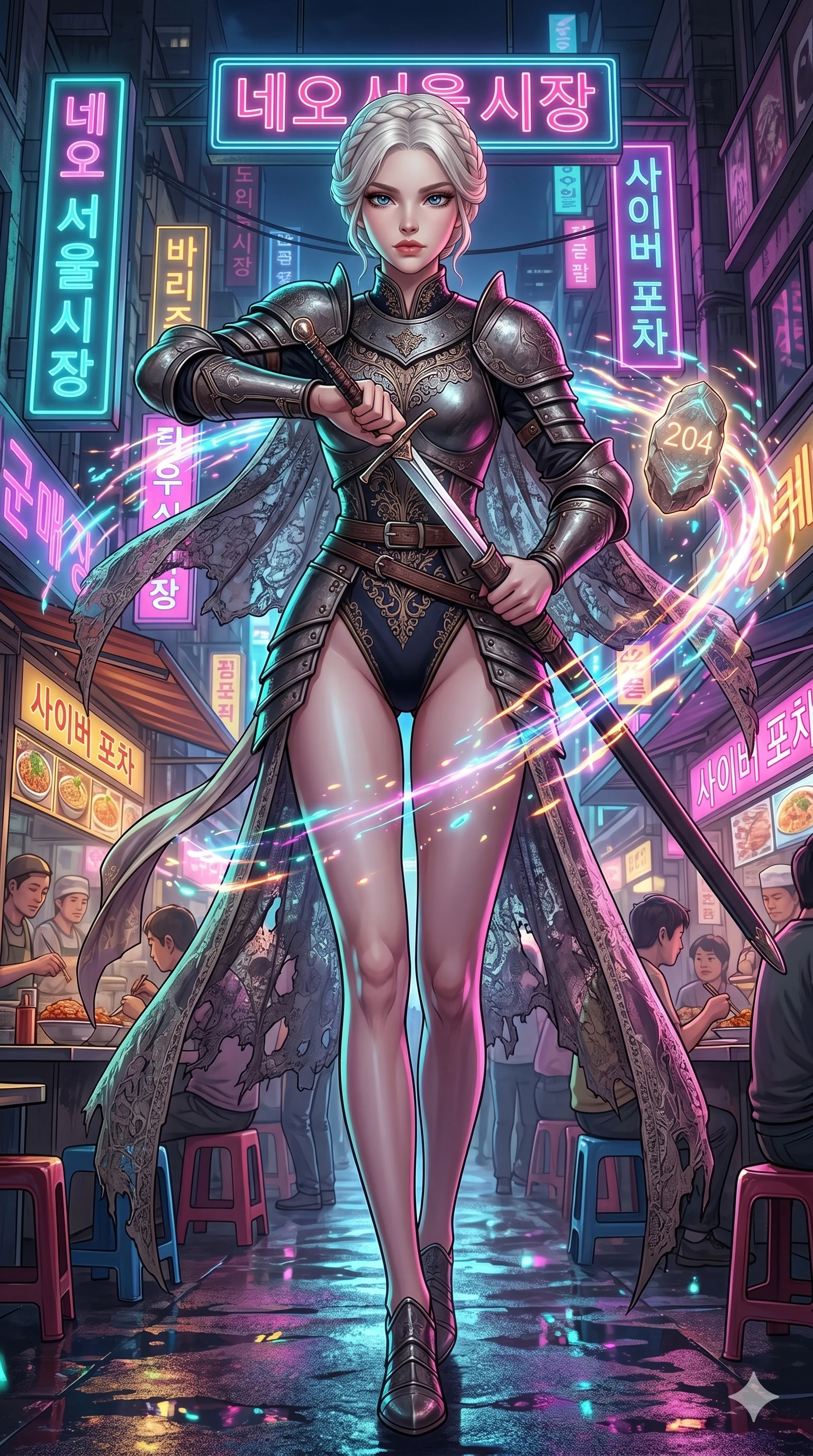 score_9, masterpiece, best quality, ultra-detailed, Set A: High-budget Anime Keyframe, Caucasian (strictly human ears) woman. Low angle cowboy shot filling the entire 9:16 frame with her statuesque presence. Drawing a blade through a neon-lit Neo-Seoul market, holding a relic that pulses with the frequency 204 and surrounded by glowing energy sparks. She has an absolutely perfect 8-heads proportion, an exceptionally tall and slender female figure with impossibly long slender legs and an ultra-slim waist. Sharp v-shaped jawline, high-bridge nose, intricate jewel-like eyes with depth, thick eyelashes, glossy lips with a natural sheen. Wearing Warrior-style plate armor over a high-cut silk leotard with tattered lace capes. Cinematic lighting, vibrant colors, dramatic shadows, 2k, ultra detail, master piece, 9:16 ratio