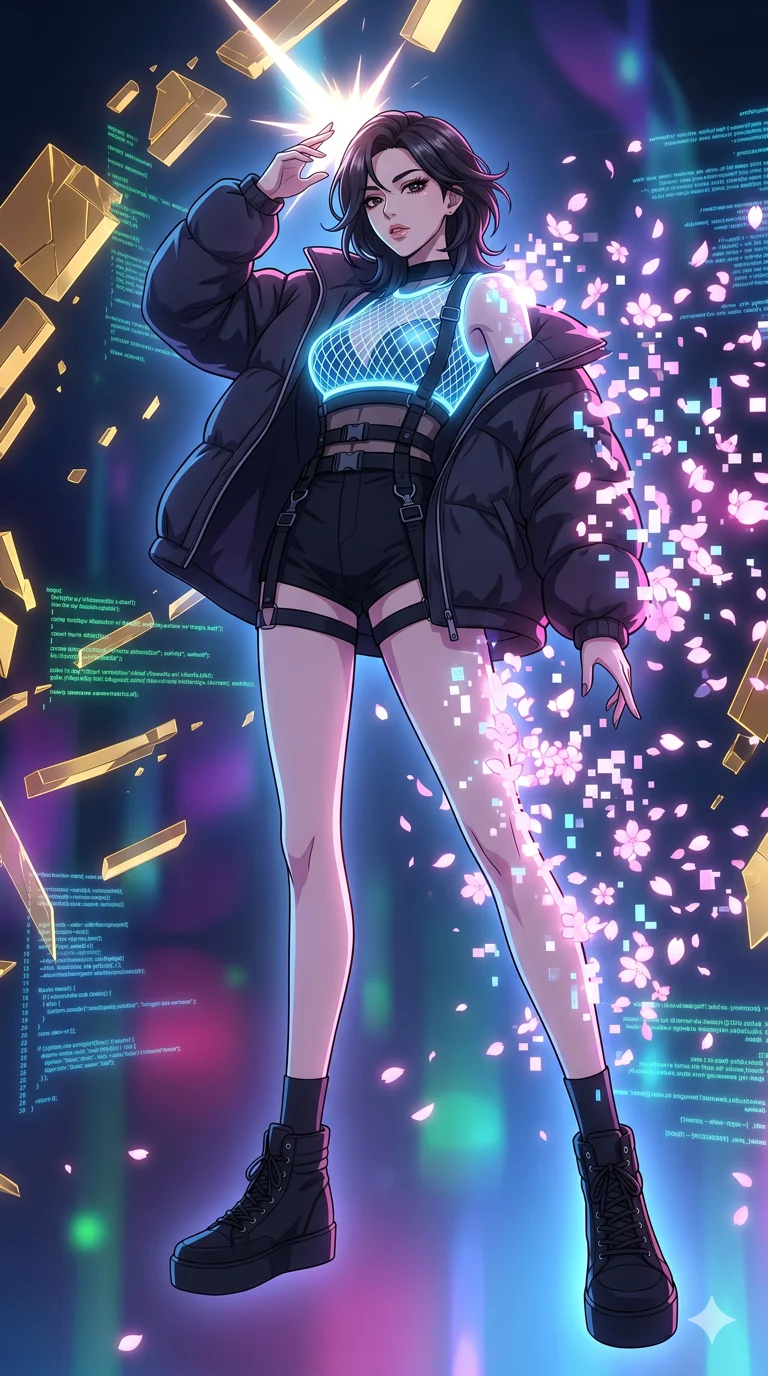 score_9, masterpiece, best quality, ultra-detailed, High-budget Anime Keyframe, vibrant colors, fluid line-art, expressive lighting, cinematic composition, Ufotable-style visual effects, top-tier animation quality, Korean woman with idol-like refined features. Dramatic low angle looking up at her majestic stature, dominating the vertical space of the composition. Vanishing into a sudden cloud of glowing cherry blossoms and digital pixels to escape an incoming attack. She has an absolutely perfect 8-heads proportion, an exceptionally tall and slender female figure with impossibly long slender legs and an ultra-slim waist, her statuesque height and towering silhouette dominating the vertical 9:16 frame. Her face is a masterpiece featuring a sharp v-shaped jawline, high-bridge nose, intricate jewel-like eyes with depth, thick eyelashes, and glossy lips with a natural sheen. She is wearing a Oversized puffer jacket worn over a micro-shorts and harness set, unzipped to reveal her chest crafted from Fluorescent mesh that glows brightly under neon light, highlighting her silhouette, featuring a crystalline structure that catches the light and reveals her slender frame. The scene is set in an abstract digital void with floating golden geometric shapes and rivers of flowing code, illuminated by soft bioluminescent glow from the environment casting ethereal colors on her skin. 2k, ultra detail, master piece, 9:16 ratio