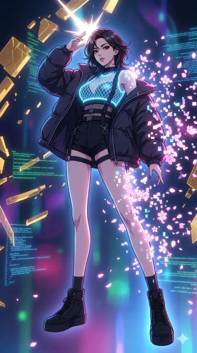 score_9, masterpiece, best quality, ultra-detailed, High-budget Anime Keyframe, vibrant colors, fluid line-art, expressive lighting, cinematic composition, Ufotable-style visual effects, top-tier animation quality, Korean woman with idol-like refined