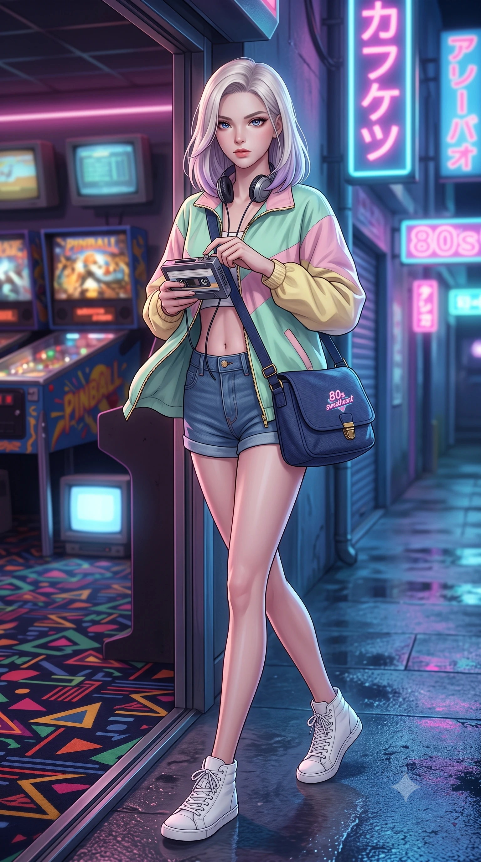 score_9, masterpiece, best quality, ultra-detailed, high-budget anime keyframe, semi-realistic 3D game render, editorial fashion photography, tasteful artistic composition, Caucasian woman. low angle full-body shot from head to toe showing her feet, filling the entire 9:16 vertical frame with her statuesque presence, stretching her vertical silhouette. stepping forward gracefully in mid-motion, displaying her toned flat midriff and flawlessly sculpted slender limbs while stepping out of the arcade into the neon-lit alleyway, adjusting her cassette tape player with supreme retro cool. The composition keeps background elements in soft focus with creamy bokeh. retro arcade carpet patterns and pinball machine backglasses softened in dynamic shallow focus. She has an absolutely perfect, statuesque 8.5-heads proportion, an exceptionally tall and slender model-like female figure with impossibly long slender legs, a toned flat midriff, and an ultra-slim waist. sharp v-shaped jawline, high-bridge nose, intricate jewel-like eyes with depth, thick eyelashes, glossy lips with a natural sheen, captivating and magnetic expression, flawlessly proportioned anatomical accuracy, strict slender model proportions, natural body alignment, perfectly sculpted long slender limbs, ultra-slim waistline, clean dynamic posture without body distortion. wearing a retro pastel colorblock windbreaker paired with high-waisted denim shorts and a canvas crossbody bag in deep navy blue and vintage brass gold, woven from soft breathable linen that flutters gently with every step, finished with a dainty waist ribbon bow and scalloped hemline trims, the sleek tailored cut tightly hugging her graceful clavicle, narrow waist, and feminine curves with statuesque precision. surrounded by a playful, energetic, and delightfully charming 80s arcade sweetheart aura. highly saturated vibrant anime colors, detailed shading with soft gradients, rich glossy textures, high-contrast stereoscopic depth, volumetric dynamic lighting, master piece, 9:16 ratio