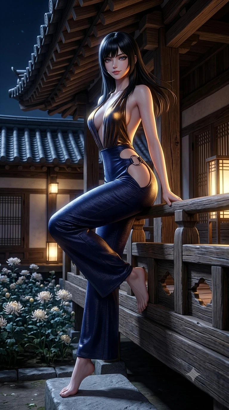score_9, masterpiece, best quality, ultra-detailed, high-budget anime keyframe, semi-realistic 3D game render, editorial fashion photography, tasteful artistic composition, Caucasian woman. low angle full-body shot from head to toe showing her feet, filling the entire 9:16 vertical frame with her statuesque presence, stretching her vertical silhouette. striding across the moonlit timber deck as nocturnal breezes whip her garments open, accentuating her long slender legs and curvy hips while perched sideways on the wooden maru veranda edge, one knee drawn up to showcase her slender leg line while her arched back accentuates her feminine curves. The surrounding environment is rendered in vivid detail and crisp panoramic clarity: sharp clay roof tile ridges, carved wooden maru grain, and delicate chrysanthemum petal edges in deep focus. She has an absolutely perfect, statuesque 8.5-heads proportion, an exceptionally tall and slender model-like female figure with impossibly long slender legs, an ultra-slim waist, a flat toned midriff, narrow delicate ribcage, and beautifully sculpted feminine hips creating a graceful, slim hourglass silhouette without any bulky heaviness. sharp v-shaped jawline, high-bridge nose, sparkling eyes with hypnotic seductive depth, thick curled eyelashes, glossy parted lips with a natural dewy peach sheen, alluring bedroom-eyes with an enchanting coquettish smile, exuding magnetic siren charisma and sophisticated glamour, flawlessly proportioned anatomical accuracy, strict slender model proportions, natural body alignment, perfectly sculpted long slender limbs, ultra-slim waistline, clean dynamic posture without body distortion. wearing a backless liquid metallic lamé plunge halterneck jumpsuit with high-cut side hip cutouts in midnight indigo and glowing lantern topaz, woven from bespoke Korean ramie fabric with crisp tactile slub texture, accented with sculptural chrome hardware rings framing the subtle cutouts, the bespoke structured tailoring following the natural line of her 8.5-heads silhouette with refined elegance. illuminated by courtyard lantern bounce and sharp honey-gold rim lights sculpting her razor-sharp jawline, narrow waist, and curvy hips. highly saturated vibrant anime colors, detailed shading with soft gradients, rich glossy textures, high-contrast stereoscopic depth, volumetric dynamic lighting, master piece, 9:16 ratio