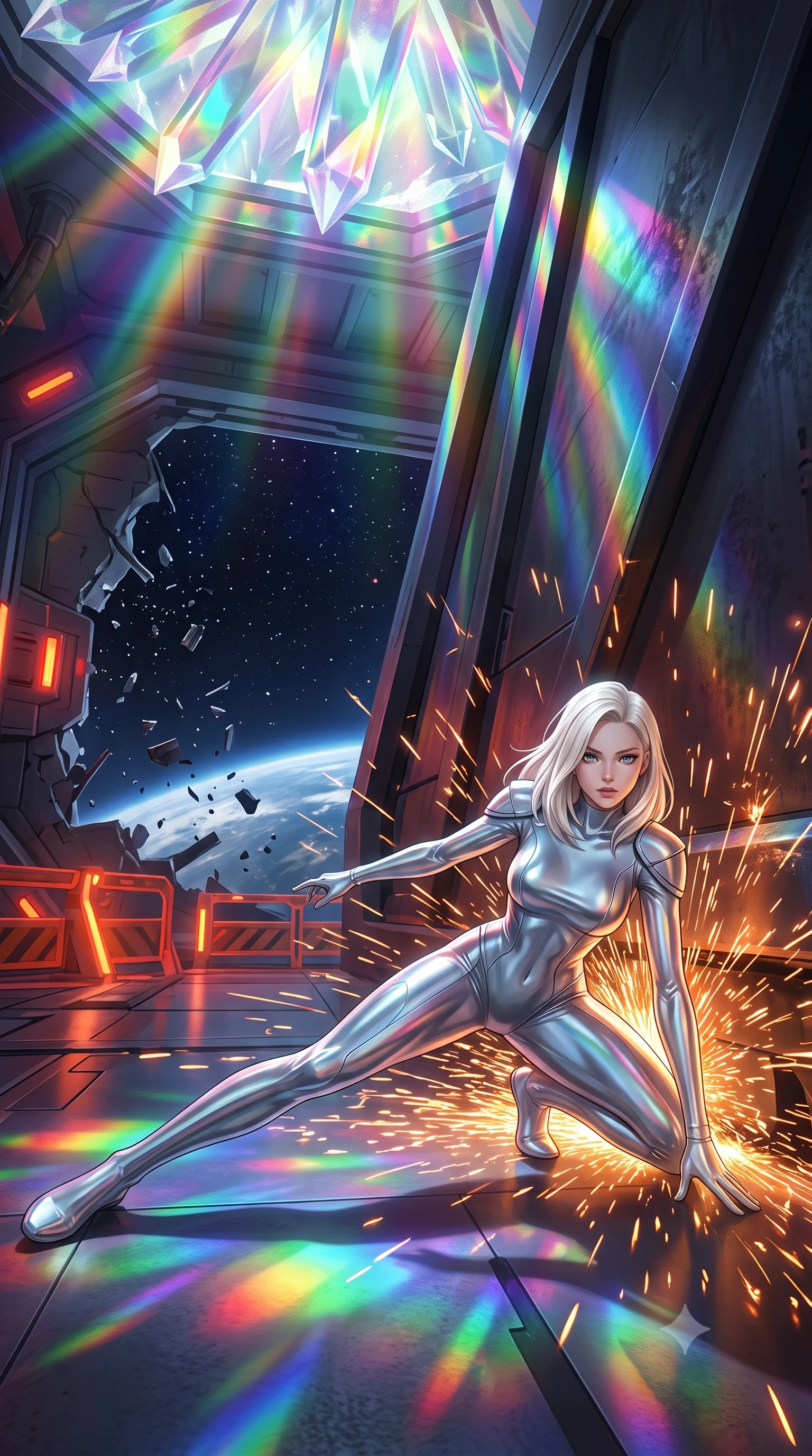 score_9, masterpiece, best quality, ultra-detailed, high-budget anime keyframe, editorial fashion photography, tasteful artistic composition, Caucasian woman, strictly human ears. low angle full-body shot from head to toe showing her feet, filling the entire 9:16 vertical frame with her statuesque presence, stretching her vertical silhouette. sliding underneath a closing blast door in a sleek combat stance with sparks flying around her inside a capital ship hangar bay during an attack, a breach in the hull exposing the hangar to space, emergency barriers glowing. She has a statuesque 8.5-heads proportion, an exceptionally tall, slender and willowy model-like build with impossibly long legs and a highly sculpted ultra-slim waist. sharp v-shaped jawline, high-bridge nose, intricate jewel-like eyes with depth, thick eyelashes, glossy lips with a natural sheen. wearing tailored for maximum mobility, sleek form-contouring panels that allow fluid movement, a tailored body-hugging silver liquid-mercury catsuit featuring a high mock neck, showcasing her athletic frame with structured shoulder guards. highly saturated vibrant anime colors, intense vivid color palette, soft 3D volumetric shading, volumetric dynamic lighting, cascading rainbow prismatic light refracting through crystal formations overhead. 2k, ultra detail, master piece, 9:16 ratio