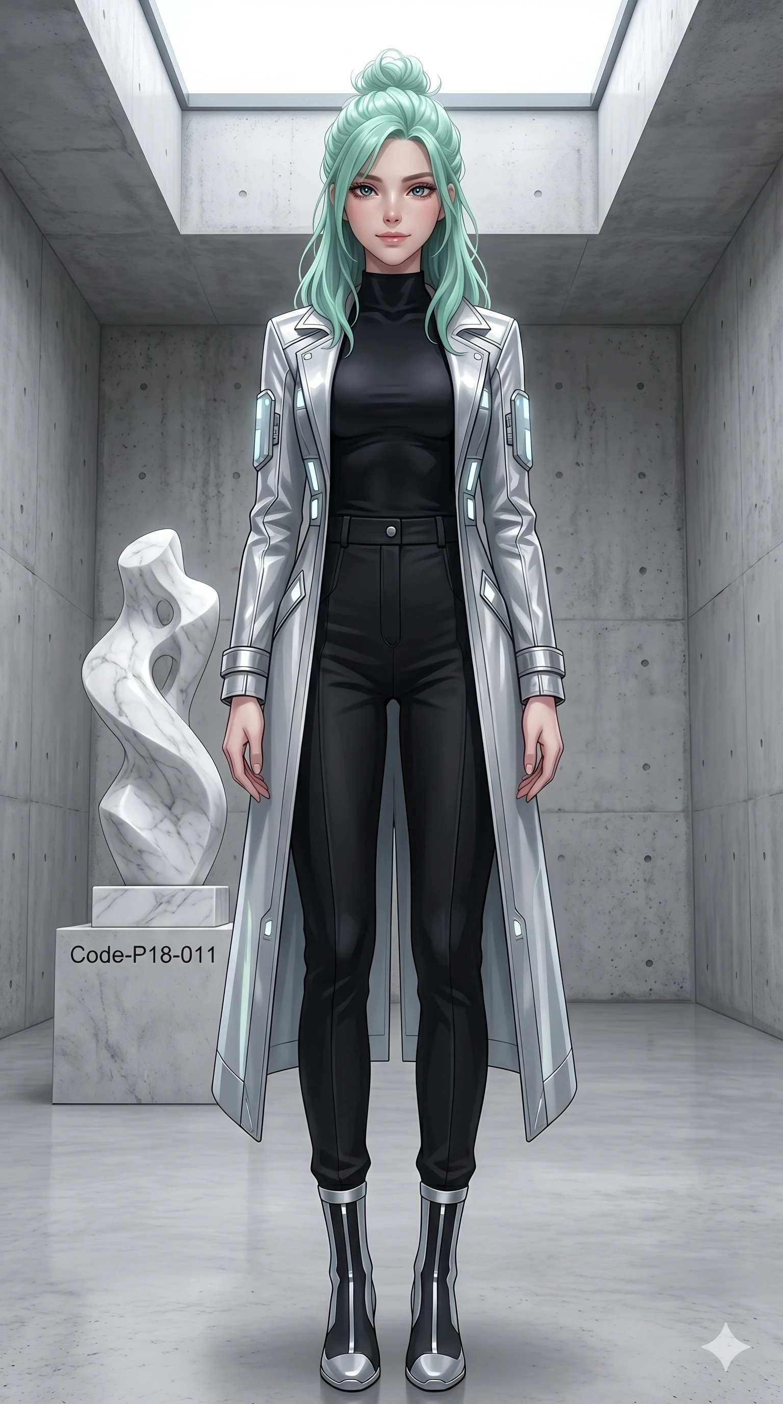 score_9, masterpiece, best quality, ultra-detailed, high-budget anime keyframe, editorial fashion photography, tasteful artistic composition, Japanese woman. low angle full-body shot from head to toe showing her feet, filling the entire 9:16 vertical frame with her statuesque presence, stretching her vertical silhouette. smiling with quiet, magnetic self-assurance directly into the lens in a minimalist concrete gallery featuring a single white marble sculpture (Code-P18-011). She has an absolutely perfect 8-heads proportion, an exceptionally tall and slender female figure with impossibly long slender legs and an ultra-slim waist. V-shaped jawline, high-bridge nose, intricate jewel-like eyes with depth, thick eyelashes, glossy lips with a natural sheen. wearing a futuristic silver trench coat over a high-neck black top and trousers. soft glowing ambient light from a large skylight, highlighting her high-bridge nose and lips. 2k, ultra detail, master piece, 9:16 ratio