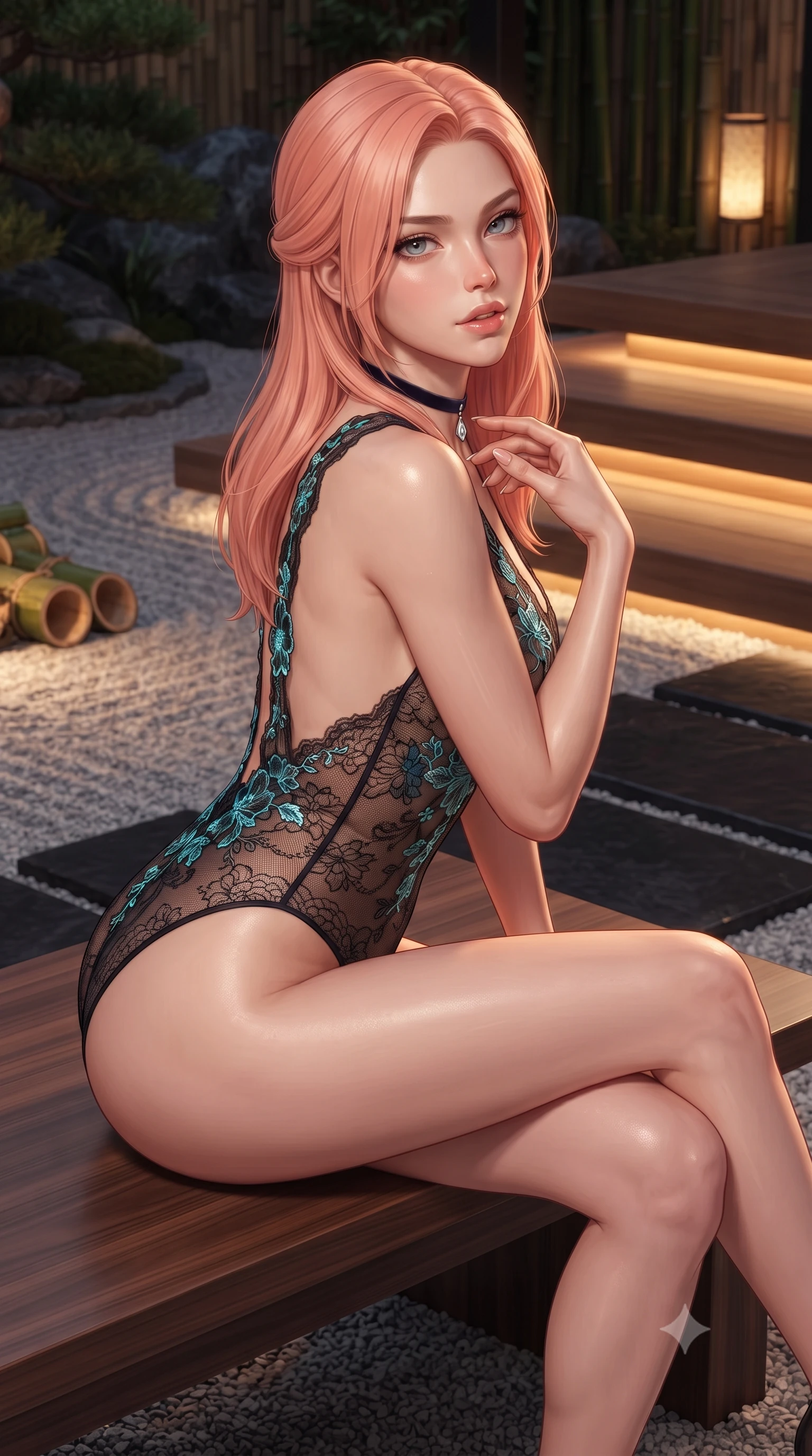 score_9, masterpiece, best quality, ultra-detailed, high-budget anime keyframe, editorial fashion photography, tasteful artistic composition, Japanese woman. close-up cowboy shot from the waist and thighs up, the character dominates the composition, filling the frame with her large presence. leaning forward while arching her lower back to accentuate her curvy hips, looking into the camera with an intoxicating smoldering gaze and bedroom-eyes while sitting gracefully on the low walnut bench with legs crossed, running one manicured hand slowly down her collarbone with magnetic poise. The surrounding environment is rendered in vivid detail and crisp panoramic clarity: sharp raked gravel groove shadows, polished black slate paver textures, and natural bamboo node rings in deep focus. She has an exceptionally elegant, slender, and willowy female figure with an ultra-slim waist, flat toned midriff, narrow ribcage, and sculpted feminine hips creating an alluring, slim hourglass silhouette without bulk. sharp v-shaped jawline, high-bridge nose, intricate jewel-like sparkling eyes with depth, thick eyelashes, glossy parted lips with a natural peach sheen, bright cheerful beaming smile with an enchanting and coquettish sensual glint, exuding both youthful cute charm and seductive allure, flawlessly proportioned anatomical accuracy, strict slender model proportions, natural body alignment, perfectly sculpted long slender limbs, ultra-slim waistline, clean dynamic posture without body distortion. wearing an alluring backless sheer lace leotard with high-cut leg openings and delicate floral embroidery framing her spine in Icelandic geothermal cyan and volcanic basalt obsidian, made of fluid liquid jersey with seamless sculpting hold and smooth contours, finished with a thin velvet ribbon choker and a single teardrop diamond pendant, the second-skin tailored fabric adhering flawlessly to her sculpted flat midriff and slender torso, emphasizing her long leg lines and perfectly proportioned willowy build. bathed in the warm 2700K indirect cove illumination concealed beneath floating cedar steps and bamboo uplights. ultra-reflective glossy finish, specular highlights, rich textural contrasts, high-contrast stereoscopic depth, volumetric dynamic lighting, 2k, ultra detail, master piece, 9:16 ratio
