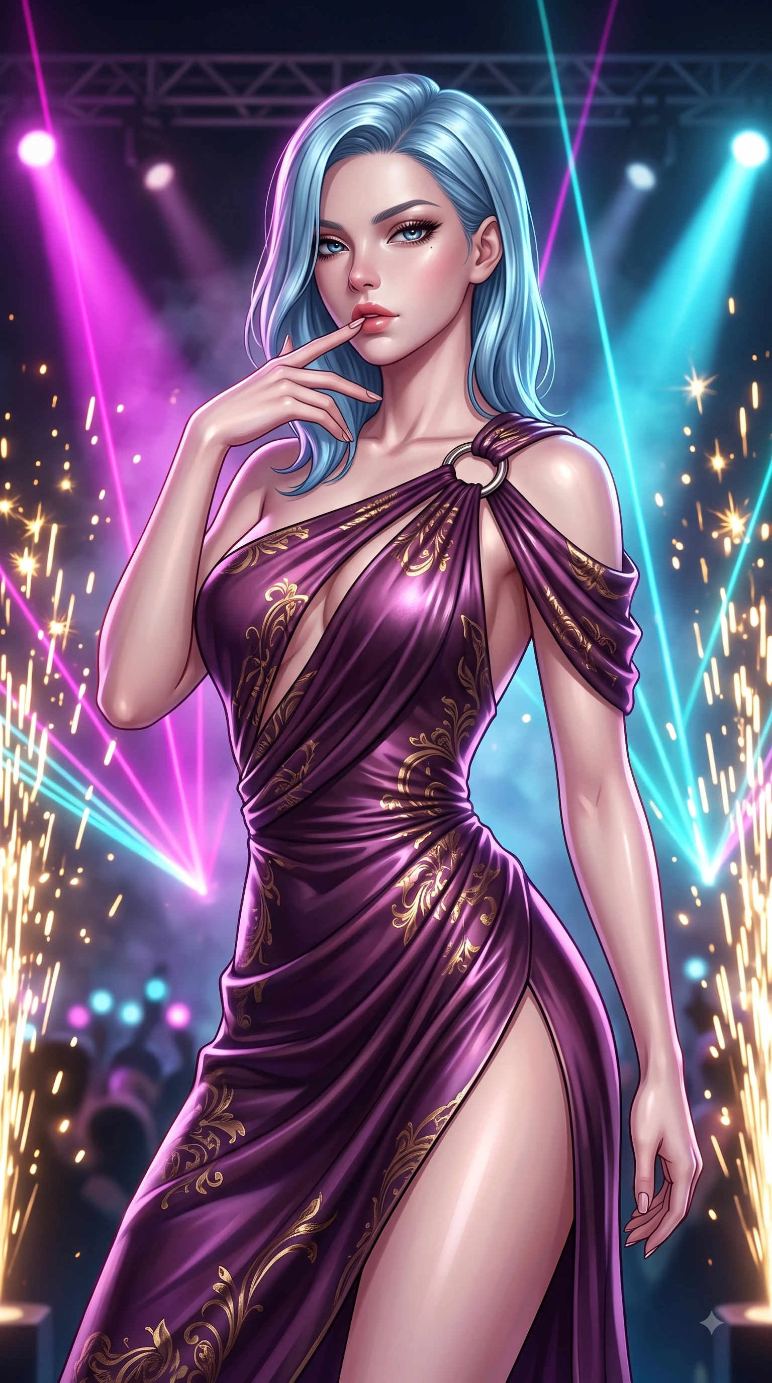 score_9, masterpiece, best quality, ultra-detailed, high-budget anime keyframe, editorial fashion photography, tasteful artistic composition, Korean woman. close-up cowboy shot from the waist and thighs up, the character dominates the composition, filling the frame with her large presence, background elements kept in soft focus. Resting two fingers near her glossy lips, casting a sharp mysterious side-gaze during her dynamic motion while holding a powerful, seductive stage pose under intense laser beams on a stadium concert stage, intense volumetric laser beams cutting through stage fog in magenta and cyan. She has an exceptionally elegant, slender, and willowy female figure with an ultra-slim waist, a gracefully sculpted slender torso, and a refined silhouette. sharp v-shaped jawline, high-bridge nose, intricate jewel-like eyes with depth, thick eyelashes, glossy lips with a natural sheen, flawlessly proportioned anatomical accuracy, natural body alignment, perfectly sculpted elegant limbs, clean dynamic posture without body distortion. wearing an asymmetrical Grecian draped chiffon gown with a metallic shoulder ring in plum purple and gold filigree, crafted from lustrous satin jersey with fluid draping, finished with a sleek side slit ascending to mid-thigh, the elegant draped fit framing her graceful clavicle and slender torso. illuminated by golden spark explosions and high-contrast concert lighting. ultra-reflective glossy finish, specular highlights, metallic sheen, high-contrast stereoscopic depth, volumetric dynamic lighting, 2k, ultra detail, master piece, 9:16 ratio
