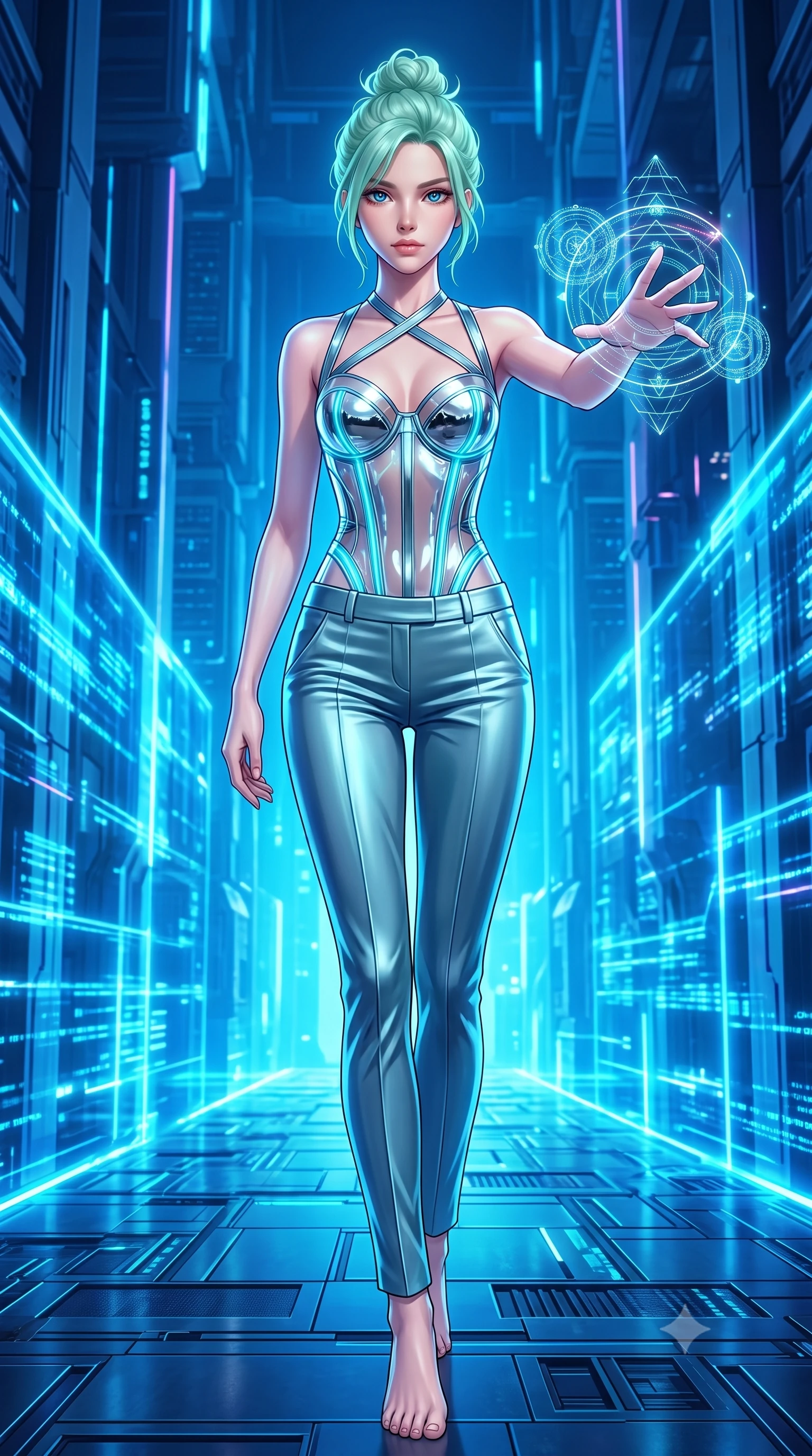 score_9, masterpiece, best quality, ultra-detailed, high-budget anime keyframe, semi-realistic 3D game render, editorial fashion photography, tasteful artistic composition, Japanese woman. low angle full-body shot from head to toe showing her feet, filling the entire 9:16 vertical frame with her statuesque presence, stretching her vertical silhouette. striding forward with commanding supermodel grace, her 8.5-heads statuesque silhouette dominating the vertical frame from head to toe while extending one arm with sovereign authority as complex holographic geometric mandalas orbit her fingertips. The surrounding environment is rendered in vivid detail and crisp panoramic clarity. vibrant high-contrast cybernetic lighting and monumental quantum architecture in panoramic precision. She has an absolutely perfect, statuesque 8.5-heads proportion, an exceptionally tall and slender model-like female figure with impossibly long slender legs, a toned flat midriff, and an ultra-slim waist. sharp v-shaped jawline, high-bridge nose, intricate jewel-like eyes with depth, thick eyelashes, glossy lips with a natural sheen, flawlessly proportioned anatomical accuracy, strict slender model proportions, natural body alignment, perfectly sculpted long slender limbs, ultra-slim waistline, clean dynamic posture without body distortion. wearing a structured translucent cyber-corset paired with tailored high-fashion satin trousers that sharply cinch her ultra-slim waist in polished mirror chrome and glowing electric cyan neon, tailored from semi-translucent cybernetic vinyl with glowing micro-filaments, complemented by criss-cross back straps highlighting her completely bare spine, the liquid-tight tailored fabric emphasizing every curve of her tall, slender model proportions and sculptured silhouette during dynamic movement. bathed in glowing electric sapphire and cyan data stream illumination with rich ambient blue fill. rich saturated anime colors with glowing neon highlights, detailed shading with soft gradients, rich glossy textures, high-contrast stereoscopic depth, volumetric dynamic lighting, master piece, 9:16 ratio