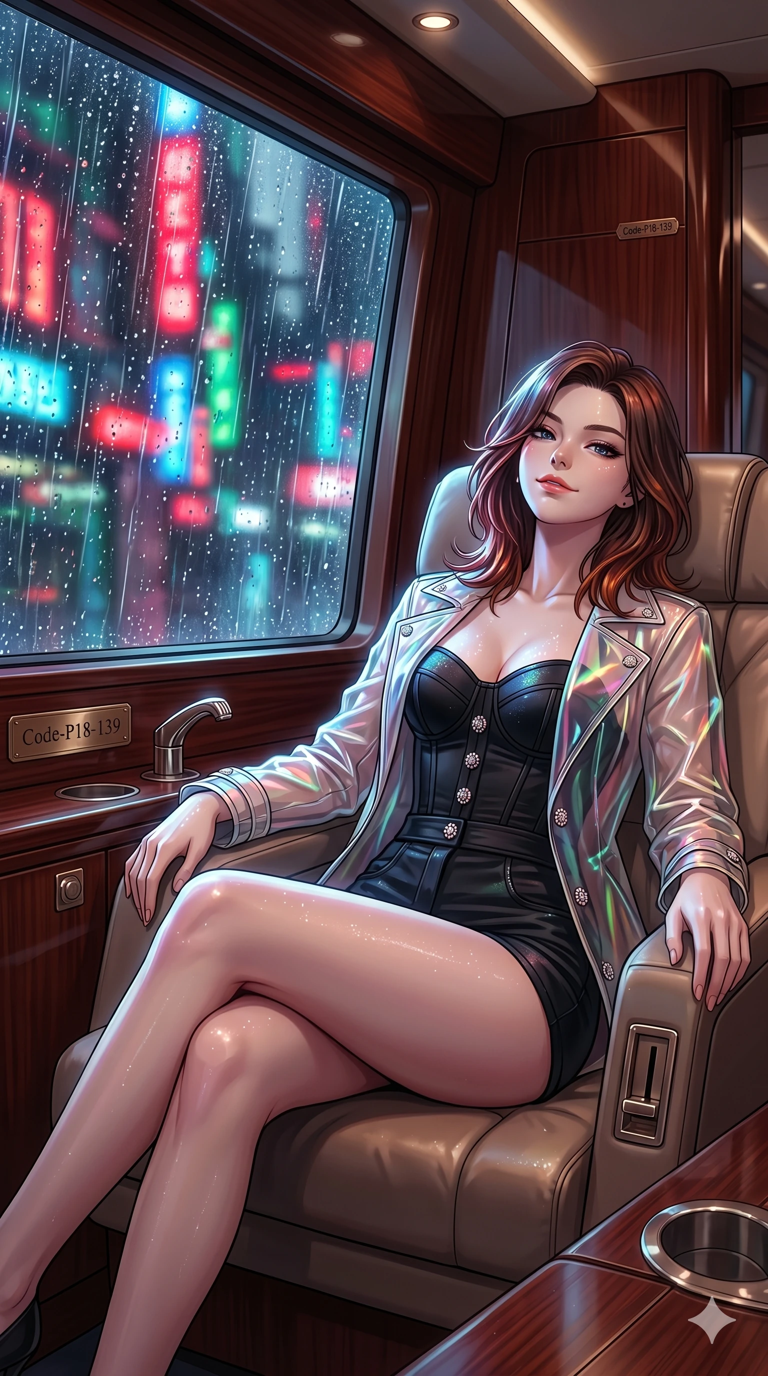score_9, masterpiece, best quality, ultra-detailed, high-budget anime keyframe, editorial fashion photography, tasteful artistic composition, Korean woman. cowboy shot from the thighs up, character and outfit filling the frame for maximum editorial presence. leaning back on a lounge chair, tilting her chin up with a confident half-smile inside a luxury yacht stateroom cabin with rich mahogany paneling (Code-P18-139). She has an absolutely perfect 8-heads proportion, an exceptionally tall and slender female figure with impossibly long slender legs and an ultra-slim waist. V-shaped jawline, high-bridge nose, intricate jewel-like eyes with depth, thick eyelashes, glossy lips with a natural sheen. wearing a transparent PVC jacket worn over a structured black corset and shorts. neon lights refracting through the rain droplets, creating a sparkling, wet glow on her. 2k, ultra detail, master piece, 9:16 ratio
