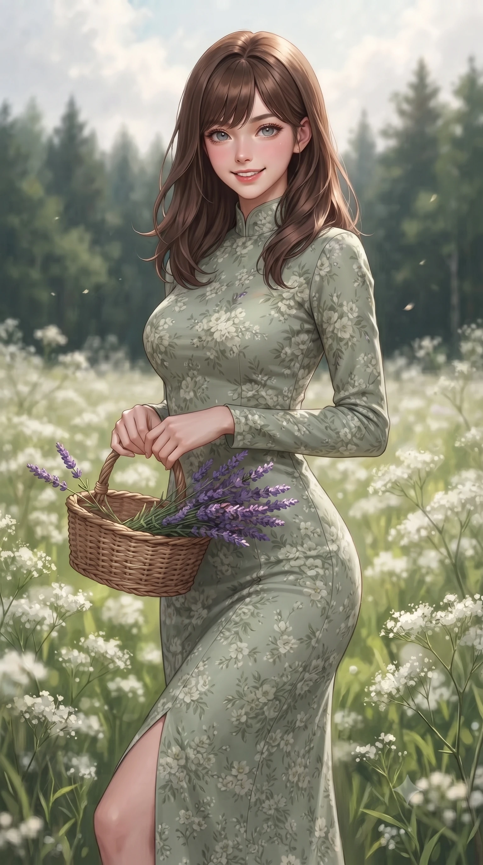 score_9, masterpiece, best quality, ultra-detailed, high-budget anime keyframe, editorial fashion photography, tasteful artistic composition, Korean woman. close-up cowboy shot from the waist and thighs up, the character dominates the composition, filling the frame with her large presence, background elements kept in soft focus. smiling with cute and bright self-assurance, looking directly at the viewer set against a soft-focus background of on a scenic meadow filled with white baby's breath flowers near a forest carrying a woven basket filled with freshly picked lavender stems. She has an exceptionally elegant, slender, and willowy female figure with an ultra-slim waist, a gracefully sculpted slender torso, and a refined silhouette. sharp v-shaped jawline, high-bridge nose, intricate jewel-like eyes with depth, thick eyelashes, glossy lips with a natural sheen. wearing slim-fit lovely floral print midi dress in sage green, featuring a high collar and long sleeves. soft afternoon sunbeams filtering through light clouds, casting gentle shadows. ultra-reflective glossy finish, specular highlights, metallic sheen, high-contrast stereoscopic depth, volumetric dynamic lighting, 2k, ultra detail, master piece, 9:16 ratio