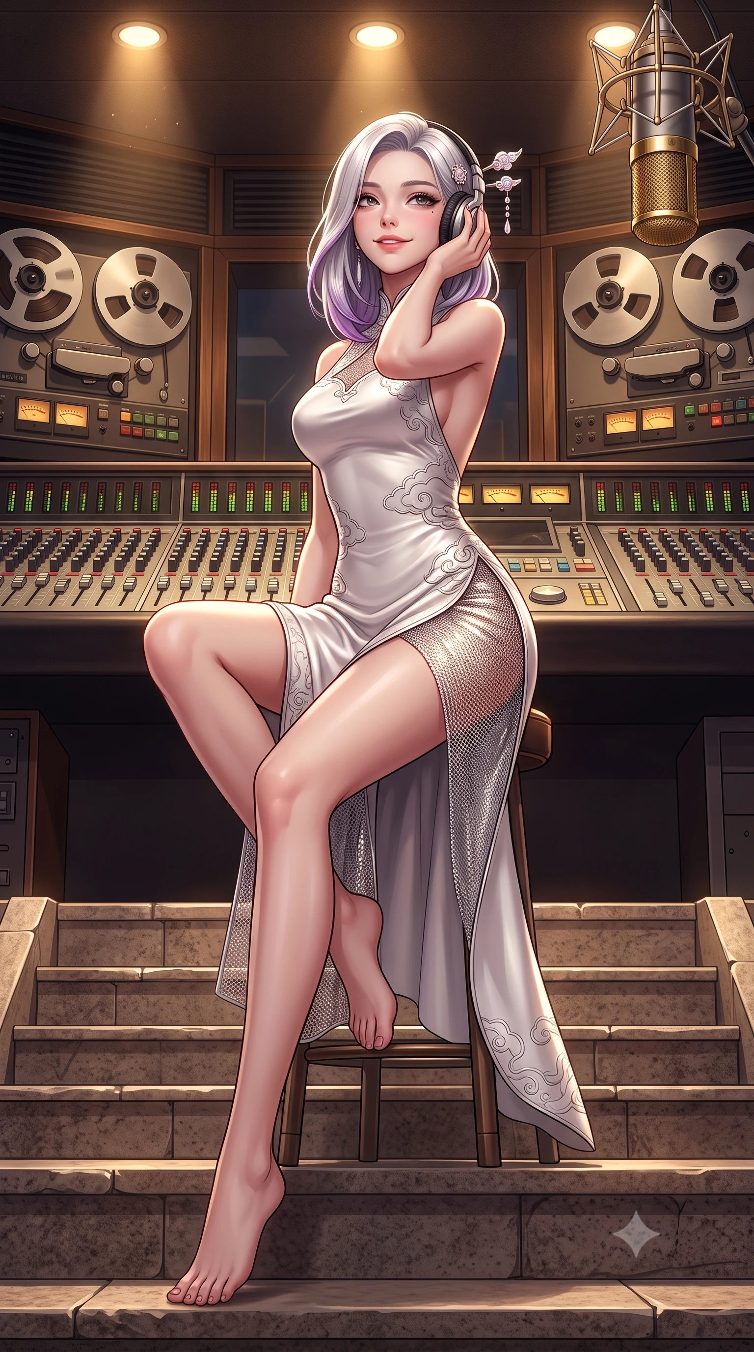 score_9, masterpiece, best quality, ultra-detailed, high-budget anime keyframe, semi-realistic 3D game render, editorial fashion photography, tasteful artistic composition, Caucasian woman. low angle full-body shot from head to toe showing her feet, filling the entire 9:16 vertical frame with her statuesque presence, stretching her vertical silhouette. sitting poised on the stone steps with one knee bent, arching her spine with supermodel elegance as she glances upward through thick eyelashes while sitting perched on the high studio stool with legs wrapped around the rung, headphones resting over one ear with a playful bedroom-smile. The surrounding environment is rendered in vivid detail and crisp panoramic clarity: sharp mixing desk fader scales, spinning reel-to-tape guide rollers, and polished brass microphone grill in deep focus. She has an absolutely perfect, statuesque 8.5-heads proportion, an exceptionally tall and slender model-like female figure with impossibly long slender legs, an ultra-slim waist, a flat toned midriff, narrow delicate ribcage, and beautifully sculpted feminine hips creating a graceful, slim hourglass silhouette without any bulky heaviness. sharp v-shaped jawline, high-bridge nose, sparkling eyes with hypnotic seductive depth, thick curled eyelashes, glossy parted lips with a natural dewy peach sheen, alluring bedroom-eyes with an enchanting coquettish smile, exuding magnetic siren charisma and sophisticated glamour, flawlessly proportioned anatomical accuracy, strict slender model proportions, natural body alignment, perfectly sculpted long slender limbs, ultra-slim waistline, clean dynamic posture without body distortion. wearing a backless embroidered silk satin slip dress with traditional cloud motifs contouring her narrow waist and curvy hips in pure pearl alabaster with platinum sheen, crafted from shimmering fluid chainmail mesh reflecting ambient neon lights, finished with delicate mother-of-pearl hairpin ornaments glinting in her dark glossy hair, the high-slit wrap tailoring accentuating her ultra-slim waistline and the enchanting curve of her feminine hips with alluring seductive charm. bathed in warm 3000K overhead spotlighting and glowing console indicator lamps. highly saturated vibrant anime colors, detailed shading with soft gradients, rich glossy textures, high-contrast stereoscopic depth, volumetric dynamic lighting, master piece, 9:16 ratio