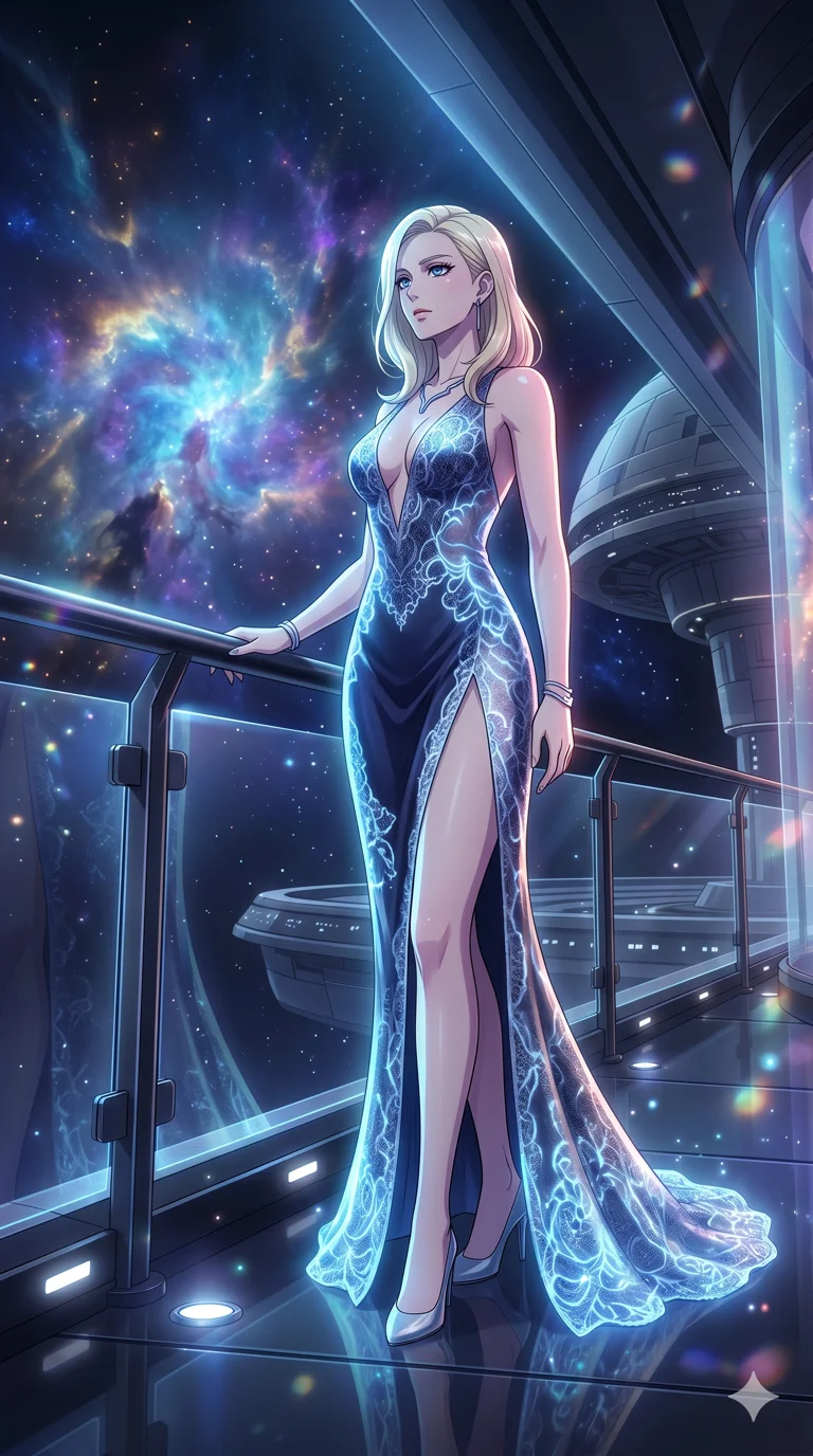 score_9, masterpiece, best quality, ultra-detailed, High-budget Anime Keyframe, vibrant colors, fluid line-art, expressive lighting, cinematic composition, Ufotable-style visual effects, top-tier animation quality, Caucasian woman with pale skin, blonde hair, and (strictly human ears). Wide-angle low shot emphasizing her impossibly long slender legs and commanding stature. Observing the slow birth of a new nebula from her private balcony on a space station, the colors reflecting in her eyes. She has an absolutely perfect 8-heads proportion, an exceptionally tall and slender female figure with impossibly long slender legs and an ultra-slim waist, her statuesque height and towering silhouette dominating the vertical 9:16 frame. Her face is a masterpiece featuring a sharp v-shaped jawline, high-bridge nose, intricate jewel-like eyes with depth, thick eyelashes, and glossy lips with a natural sheen. She is wearing a Holographic lace evening gown with a dangerously high slit and a plunging neckline crafted from Bioluminescent silk that emits a soft, ethereal glow from within the fabric, with sheer fabric transparency over her delicate curves and a high-cut silhouette. The scene is set in a sprawling cyberpunk metropolis in heavy rain with vibrant neon glows reflecting on every surface, illuminated by intense energy flares from her powers illuminating the scene with brilliant light. 2k, ultra detail, master piece, 9:16 ratio