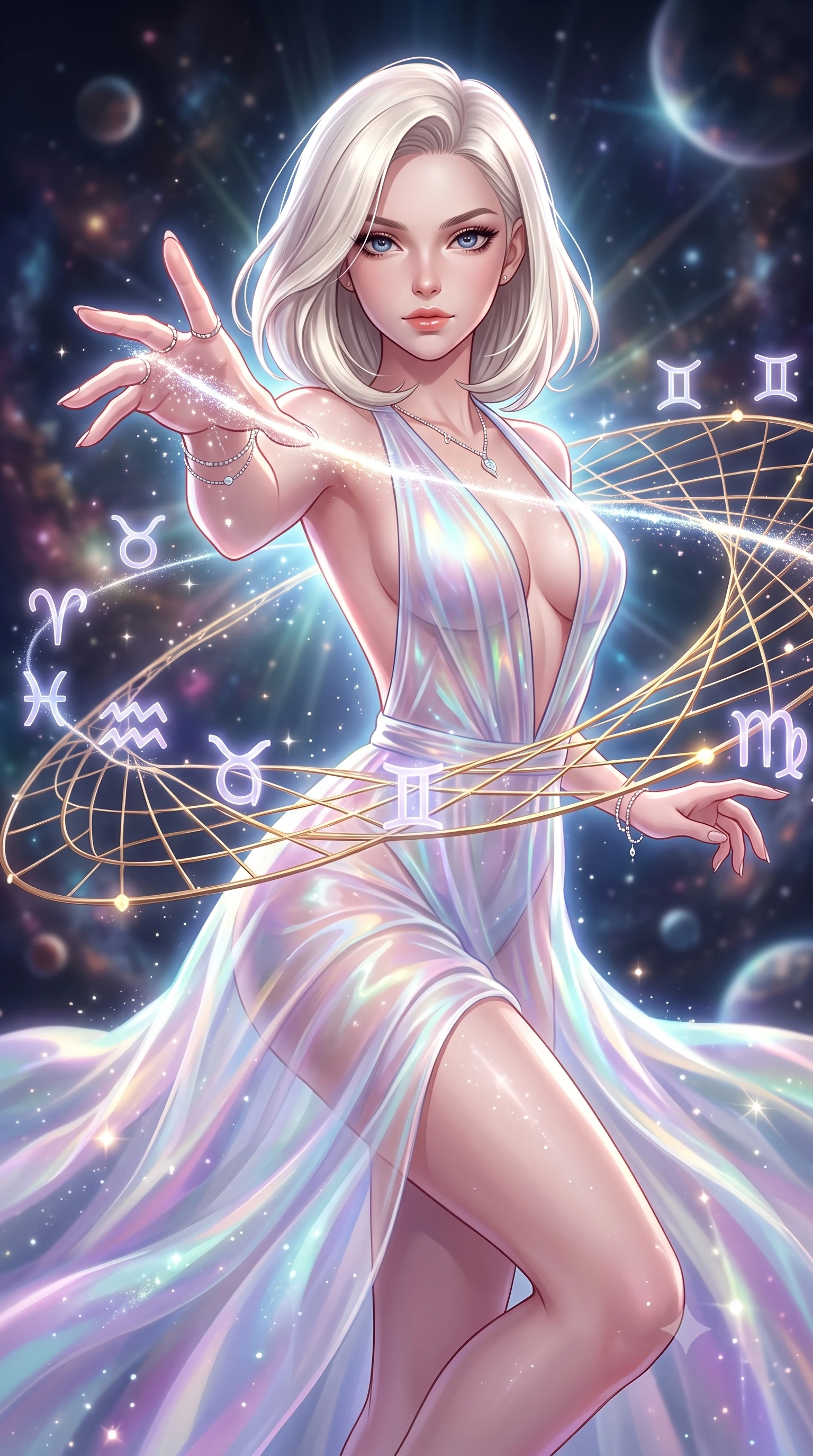 score_9, masterpiece, best quality, ultra-detailed, high-budget anime keyframe, editorial fashion photography, tasteful artistic composition, Caucasian woman. close-up cowboy shot from the waist and thighs up, the character dominates the composition, filling the frame with her large presence, background elements kept in soft focus. Reaching one hand gracefully toward the viewer with effortless superiority and allure threading brilliant comet dust through a golden celestial loom, translucent zodiac glyphs orbiting around her delicate hands. She has an exceptionally elegant, slender, and willowy female figure with an ultra-slim waist, a gracefully sculpted slender torso, and a refined silhouette. sharp v-shaped jawline, high-bridge nose, intricate jewel-like eyes with depth, thick eyelashes, glossy lips with a natural sheen. wearing a translucent iridescent chiffon gown with a dramatic plunging neckline and open back, the tailored fabric tightly following every curve of her athletic build. surrounded by a glowing aura of starlight and shimmering celestial rays. highly saturated vibrant anime colors, detailed shading with soft gradients, rich glossy textures, high-contrast stereoscopic depth, volumetric dynamic lighting, master piece, 9:16 ratio