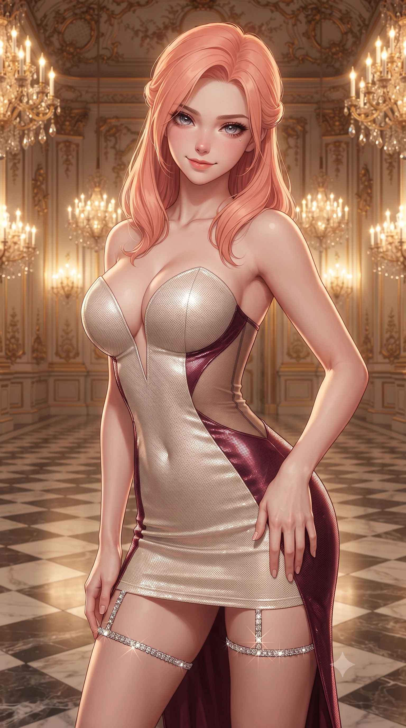 score_9, masterpiece, best quality, ultra-detailed, high-budget anime keyframe, editorial fashion photography, tasteful artistic composition, Japanese woman. close-up cowboy shot from the waist and thighs up, the character dominates the composition, filling the frame with her large presence. tilting her head with a teasing half-smile, running one hand slowly down the side of her hip in a flirtatious S-curve as ambient light caresses her silhouette while twisting her slender torso in an alluring contrapposto stance on the polished checkerboard marble floor, golden chandelier facets caressing her narrow waist and curvy hips. The surrounding environment is rendered in vivid detail and crisp panoramic clarity: detailed fabric weave, gold embroidery accents, and Austrian imperial architectural relief in razor-sharp precision. She has an exceptionally elegant, slender, and willowy female figure with an ultra-slim waist, flat toned midriff, narrow ribcage, and sculpted feminine hips creating an alluring, slim hourglass silhouette without bulk. sharp v-shaped jawline, high-bridge nose, intricate jewel-like sparkling eyes with depth, thick eyelashes, glossy parted lips with a natural peach sheen, bright cheerful beaming smile with an enchanting and coquettish sensual glint, exuding both youthful cute charm and seductive allure, flawlessly proportioned anatomical accuracy, strict slender model proportions, natural body alignment, perfectly sculpted long slender limbs, ultra-slim waistline, clean dynamic posture without body distortion. wearing an alluring plunging sweetheart bustier dress with sheer mesh side-waist cutouts contouring her ribs in Belvedere ivory pearl and Habsburg bordeaux wine, crafted from stretch micro-mesh with liquid foil coating that shimmers with every movement, finished with delicate crystal-encrusted thigh garter straps glinting in the dim light, the impeccably tailored cut draping gracefully along her slender figure with aristocratic poise. bathed in the warm radiant 2600K golden illumination of hundreds of crystal chandelier lamps dimmed to an intimate evening glow. ultra-reflective glossy finish, specular highlights, rich textural contrasts, high-contrast stereoscopic depth, volumetric dynamic lighting, 2k, ultra detail, master piece, 9:16 ratio