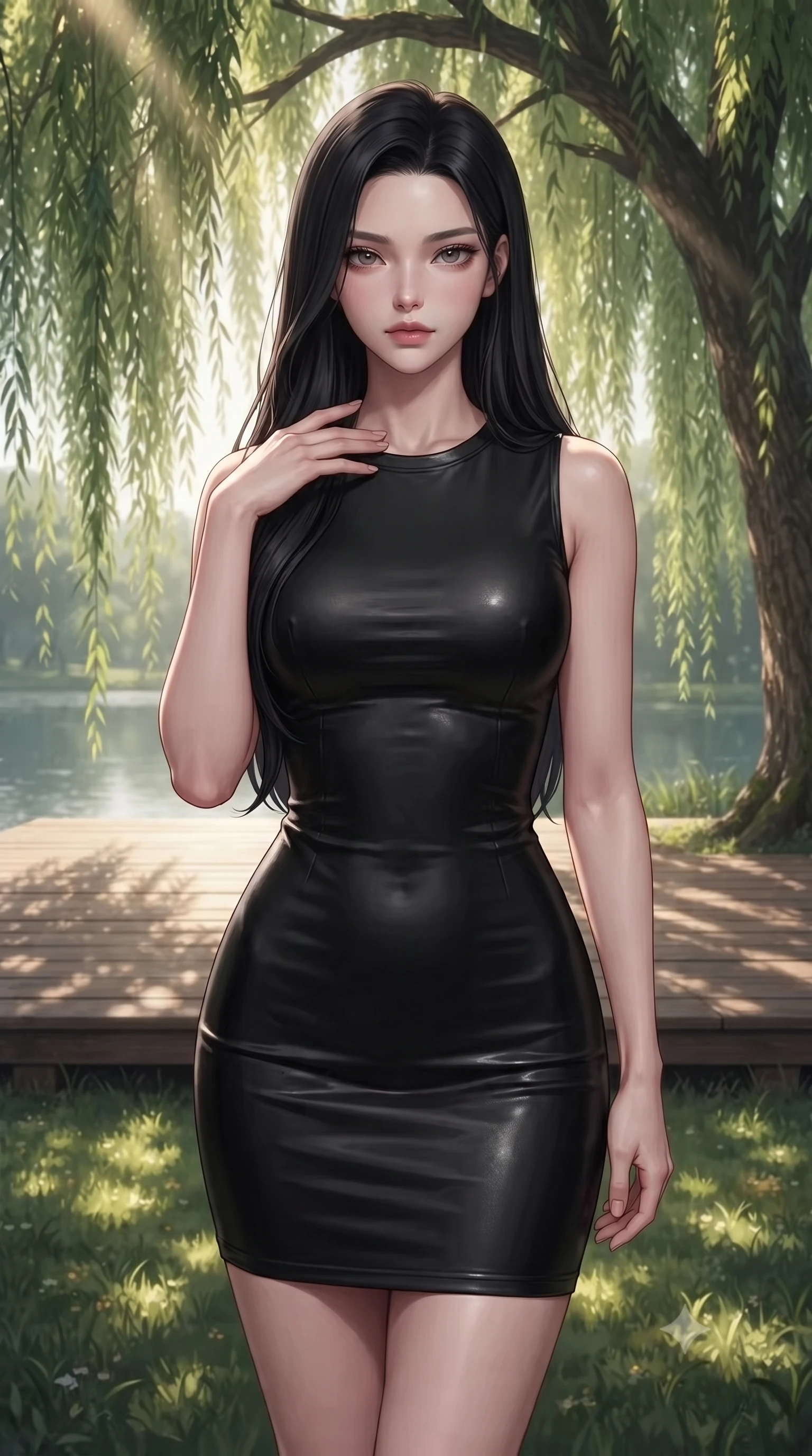 score_9, masterpiece, best quality, ultra-detailed, high-budget anime keyframe, editorial fashion photography, tasteful artistic composition, Korean woman woman. close-up cowboy shot from the waist and thighs up, the character dominates the composition, filling the frame with her large presence, background elements kept in soft focus. standing with one hand resting on her collarbone, looking at the viewer with bedroom-eyes the background shows a soft-focus a wooden deck under a large weeping willow tree near a calm lake in a private park. She has an exceptionally elegant, slender, and willowy female figure with an ultra-slim waist, a gracefully sculpted slender torso, and a refined silhouette. sharp v-shaped jawline, high-bridge nose, intricate jewel-like eyes with depth, thick eyelashes, glossy lips with a natural sheen. wearing a body-hugging form-fitting black bodycon dress in structured crepe fabric with a simple crew neck. dappled sunbeams filtering through the willow leaves onto the grass. ultra-reflective glossy finish, specular highlights, metallic sheen, high-contrast stereoscopic depth, volumetric dynamic lighting, 2k, ultra detail, master piece, 9:16 ratio