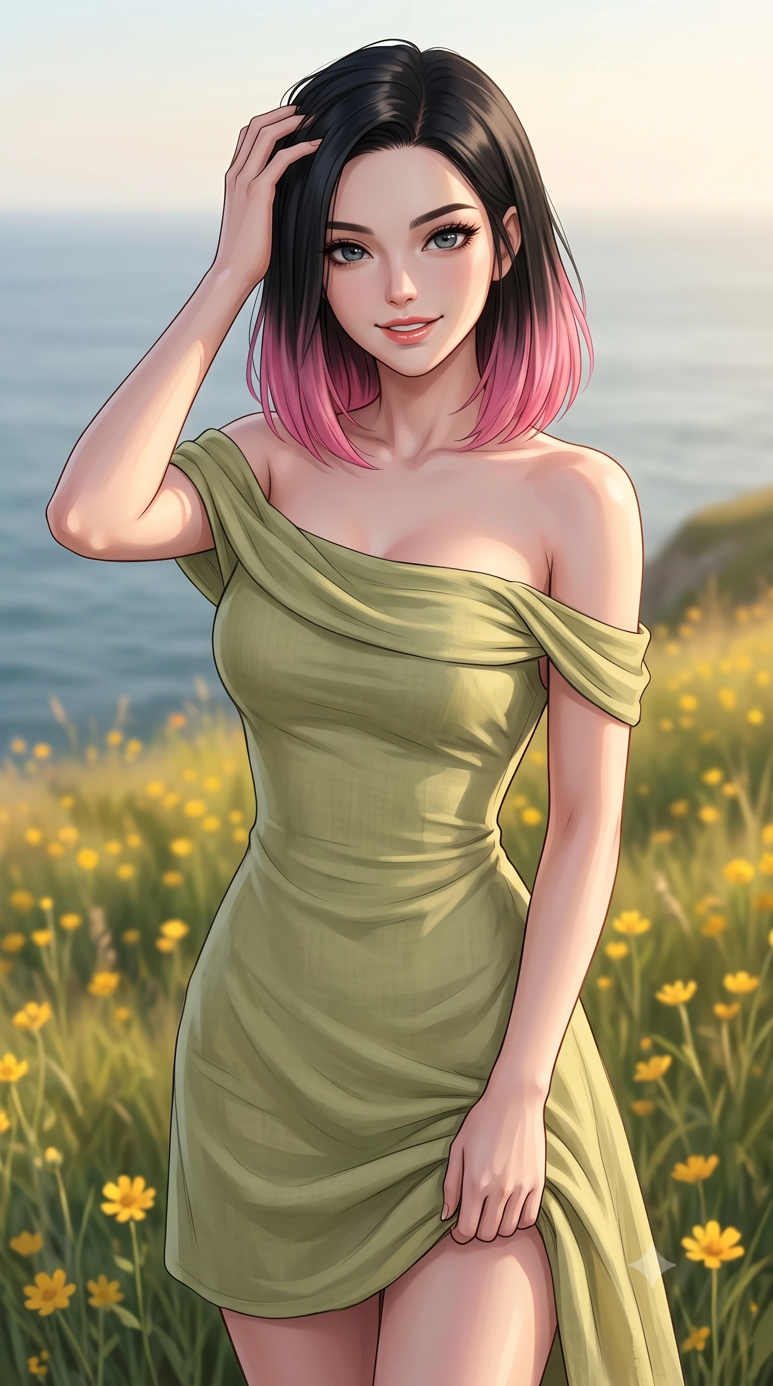 score_9, masterpiece, best quality, ultra-detailed, high-budget anime keyframe, editorial fashion photography, tasteful artistic composition, Korean woman woman. close-up cowboy shot from the waist and thighs up, the character dominates the composition, filling the frame with her large presence, background elements kept in soft focus. smiling with quiet, magnetic self-assurance directly into the camera, running a hand through her hair the background shows a soft-focus a grassy field of wild yellow flowers on a cliff overlooking the ocean. She has an exceptionally elegant, slender, and willowy female figure with an ultra-slim waist, a gracefully sculpted slender torso, and a refined silhouette. sharp v-shaped jawline, high-bridge nose, intricate jewel-like eyes with depth, thick eyelashes, glossy lips with a natural sheen. wearing a body-hugging flowy off-shoulder linen sundress in light olive green, draped softly over her shoulders. soft golden afternoon light wrapping the landscape in warmth. 2k, ultra detail, master piece, 9:16 ratio