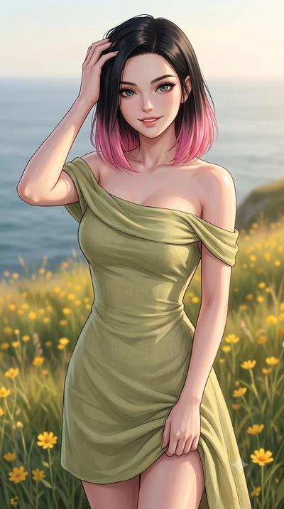 score_9, masterpiece, best quality, ultra-detailed, high-budget anime keyframe, editorial fashion photography, tasteful artistic composition, Korean woman woman. close-up cowboy shot from the waist and thighs up, the character dominates the compositi