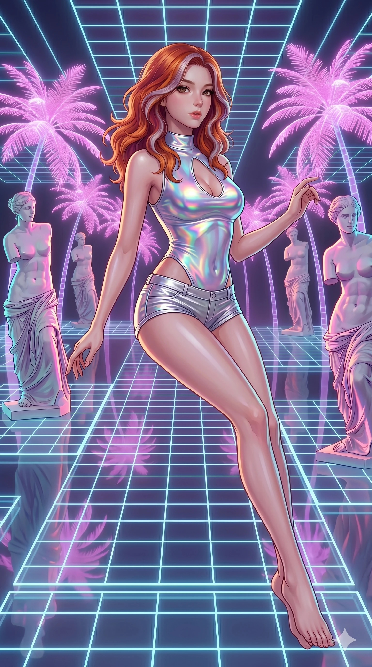 score_9, masterpiece, best quality, ultra-detailed, high-budget anime keyframe, Korean woman. upper body close-up from the thighs up, character filling the screen for maximum presence. drifting through a holographic vaporwave oasis with floating grid floors, lo-fi marble statues, and glowing pink palms. She has an absolutely perfect 8-heads proportion, an exceptionally tall and slender female figure with impossibly long slender legs and an ultra-slim waist. V-shaped jawline, high-bridge nose, intricate jewel-like eyes with depth, thick eyelashes, glossy lips with a natural sheen.. wearing a holographic liquid silk vest and silver metallic micro-shorts, featuring a keyhole cutout and form-fitting silhouette. lit by a soft glowing ambient light and a sharp side key light that traces the sleek contours of her athletic build. 2k, ultra detail, master piece, 9:16 ratio
