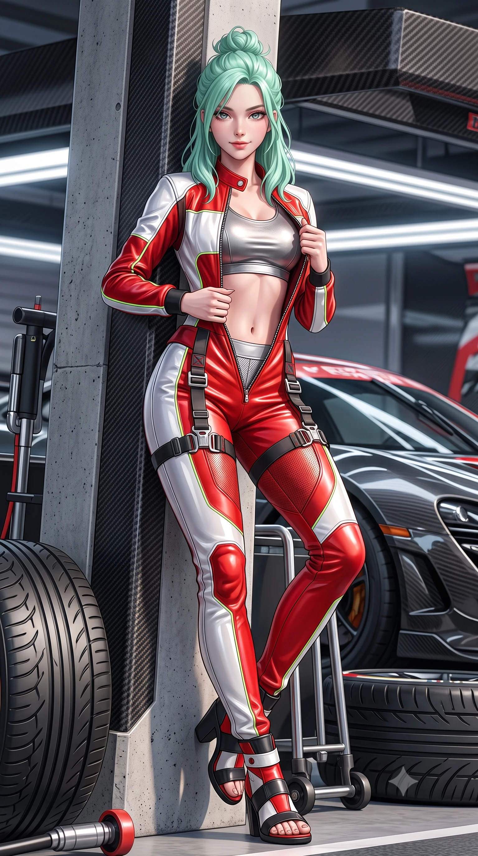 score_9, masterpiece, best quality, ultra-detailed, high-budget anime keyframe, semi-realistic 3D game render, editorial fashion photography, tasteful artistic composition, Japanese woman. low angle full-body shot from head to toe showing her feet, filling the entire 9:16 vertical frame with her statuesque presence, stretching her vertical silhouette. leaning deep against the structural architecture with hips cocked in an unapologetically bold, seductive high-fashion stance while unzipping her leather racing suit with a slow, teasing smile, eyes locked with daring magnetism on the viewer. The surrounding environment is rendered in vivid detail and crisp panoramic clarity. sharp carbon-fiber weave textures, polished hypercar body reflections, and tire tread grooves in deep focus. She has an absolutely perfect, statuesque 8.5-heads proportion, an exceptionally tall and slender model-like female figure with impossibly long slender legs, a toned flat midriff, and an ultra-slim waist. sharp v-shaped jawline, high-bridge nose, intricate jewel-like eyes with depth, thick eyelashes, glossy parted lips with a natural sheen, intensely captivating and seductive expression, flawlessly proportioned anatomical accuracy, strict slender model proportions, natural body alignment, perfectly sculpted long slender limbs, ultra-slim waistline, clean dynamic posture without body distortion. wearing a metallic leather crop tank with high-waist track shorts and tactical leg harness straps in bright racing scarlet red and glossy white, made of breathable technical athletic mesh and liquid-finish track nylon, finished with quick-release titanium buckles and neon-reflective piping, the liquid-tight tailored fabric emphasizing every curve of her tall, slender model proportions and sculptured silhouette. surrounded by a fierce, electrifying, and irresistibly intoxicating motorsport queen aura. highly saturated vibrant anime colors, detailed shading with soft gradients, rich glossy textures, high-contrast stereoscopic depth, volumetric dynamic lighting, master piece, 9:16 ratio