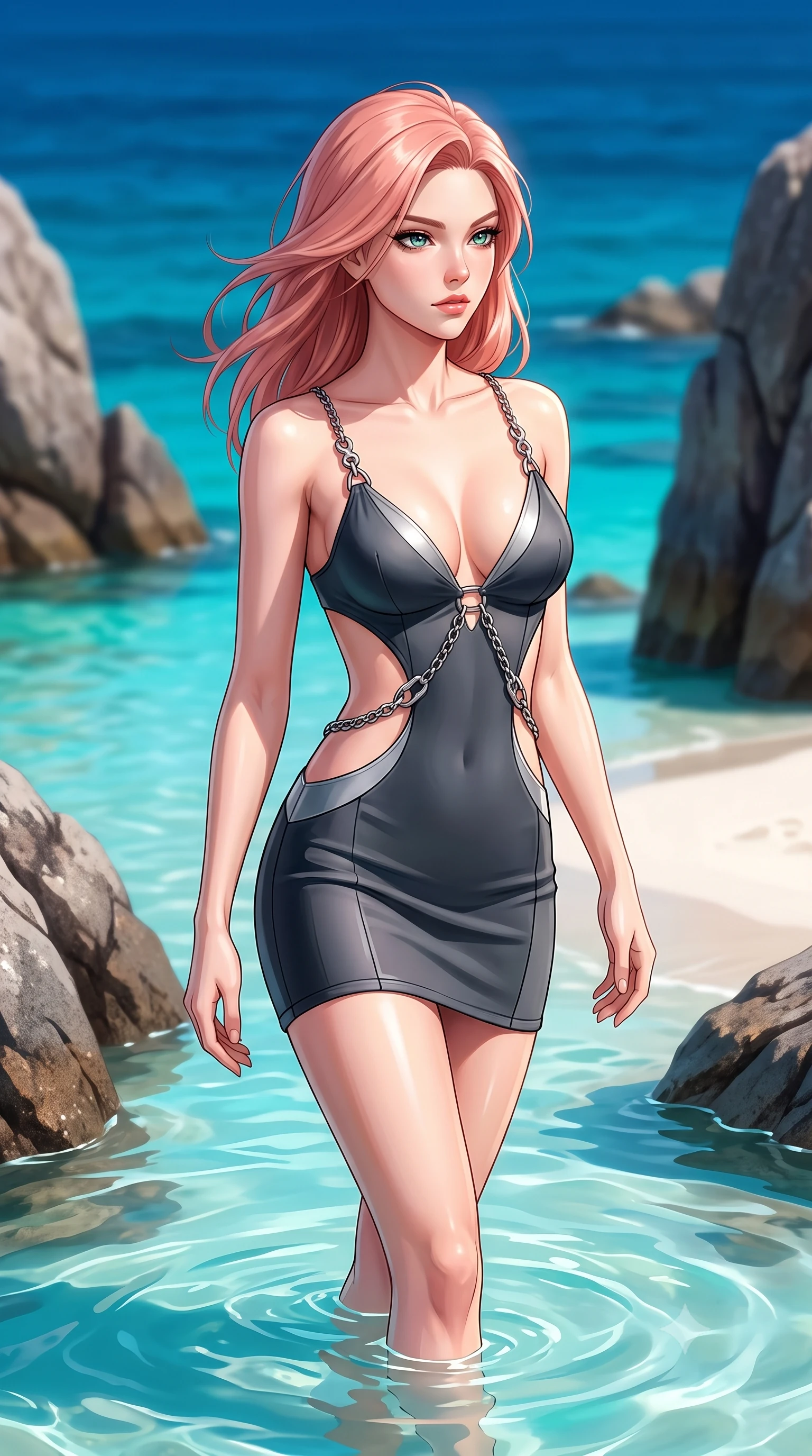 score_9, masterpiece, best quality, ultra-detailed, high-budget anime keyframe, editorial fashion photography, tasteful artistic composition, Japanese woman. close-up cowboy shot from the waist and thighs up, the character dominates the composition, filling the frame with her large presence, background elements kept in soft focus. Gazing past the camera with an air of effortless elegance and mysterious confidence wading in a shallow turquoise lagoon flanked by dramatic granite sea boulders, soft white sand contrasting with rich azure ocean hues. She has an exceptionally elegant, slender, and willowy female figure with an ultra-slim waist, a gracefully sculpted slender torso, and a refined silhouette. sharp v-shaped jawline, high-bridge nose, intricate jewel-like eyes with depth, thick eyelashes, glossy lips with a natural sheen. wearing a dramatic open-waist cutout mini dress framed by sculptural hardware in charcoal grey and platinum, formed from sleek second-skin neoprene, adorned with delicate metallic chain straps along the neckline, the tailored fabric tightly following every curve of her athletic build. surrounded by a bright, pristine beach ambiance with sharp specular highlights. highly saturated vibrant anime colors, detailed shading with soft gradients, rich glossy textures, high-contrast stereoscopic depth, volumetric dynamic lighting, master piece, 9:16 ratio